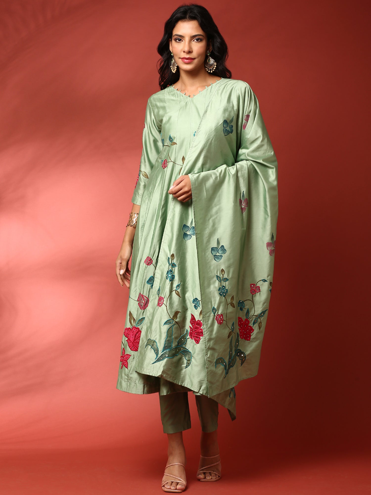 Mint green aalique work silk anarkali three piece suit set