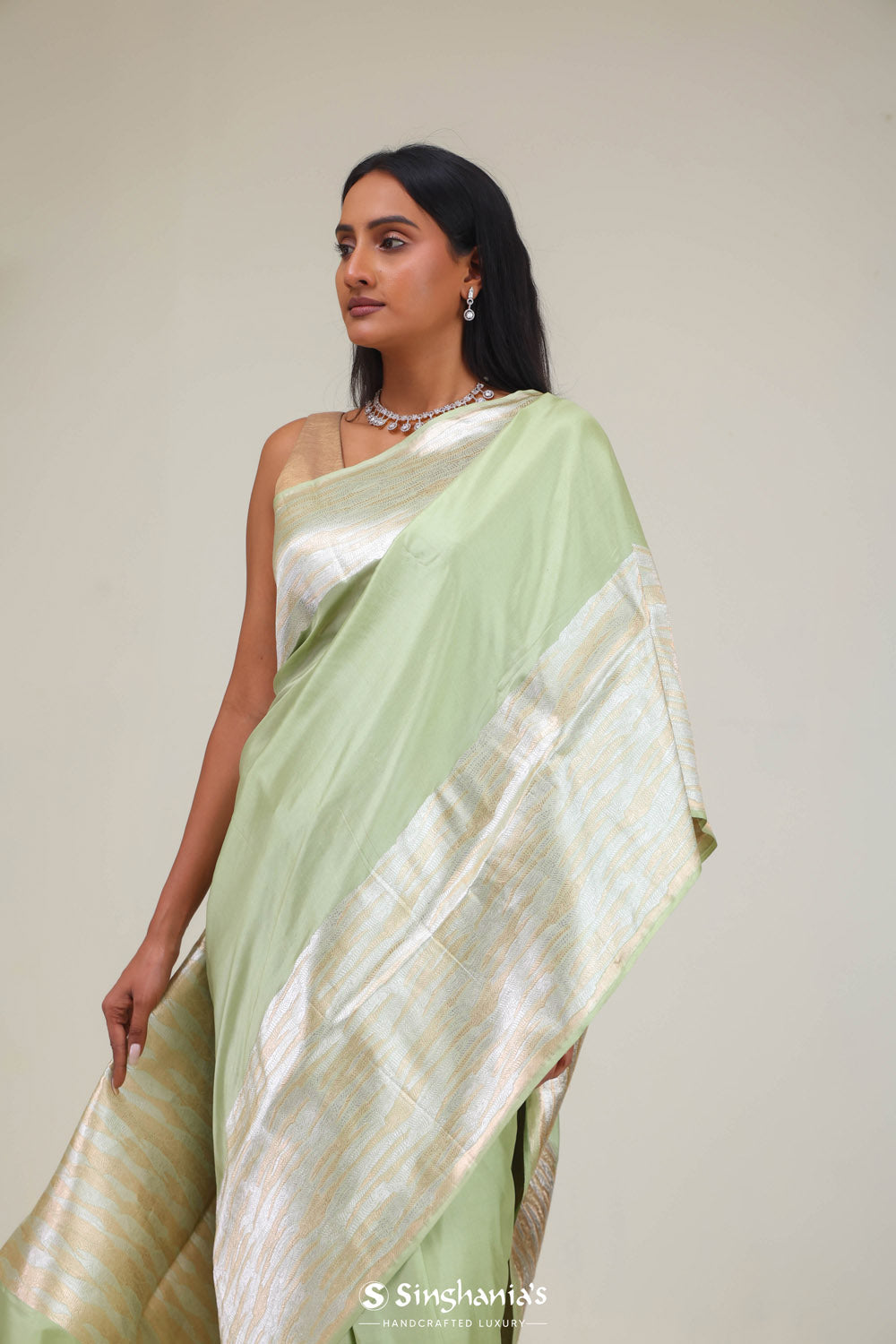 Chinoise Green Satin Banarasi Saree With Statement Border