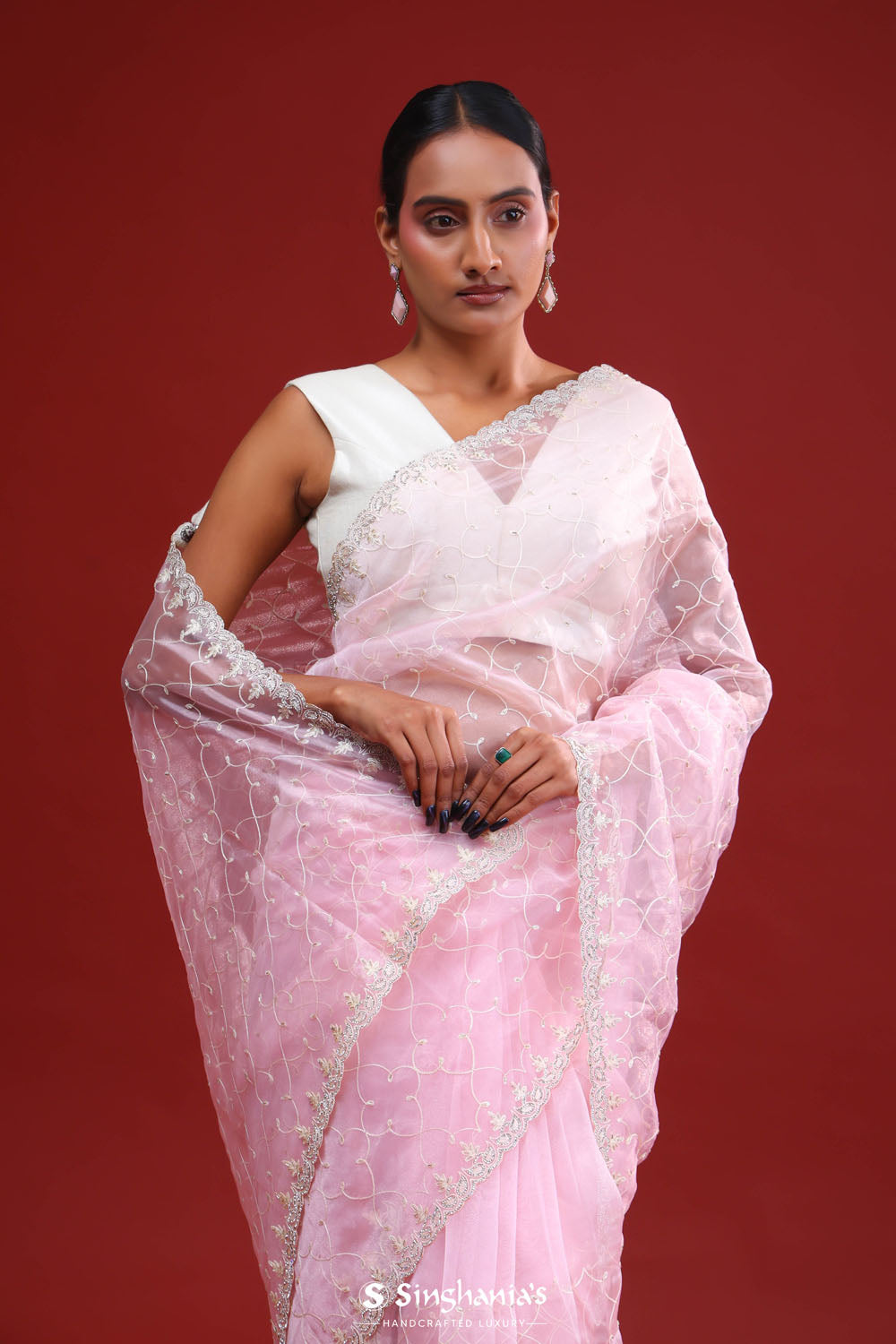 Cotton Pink Crafted Organza Saree