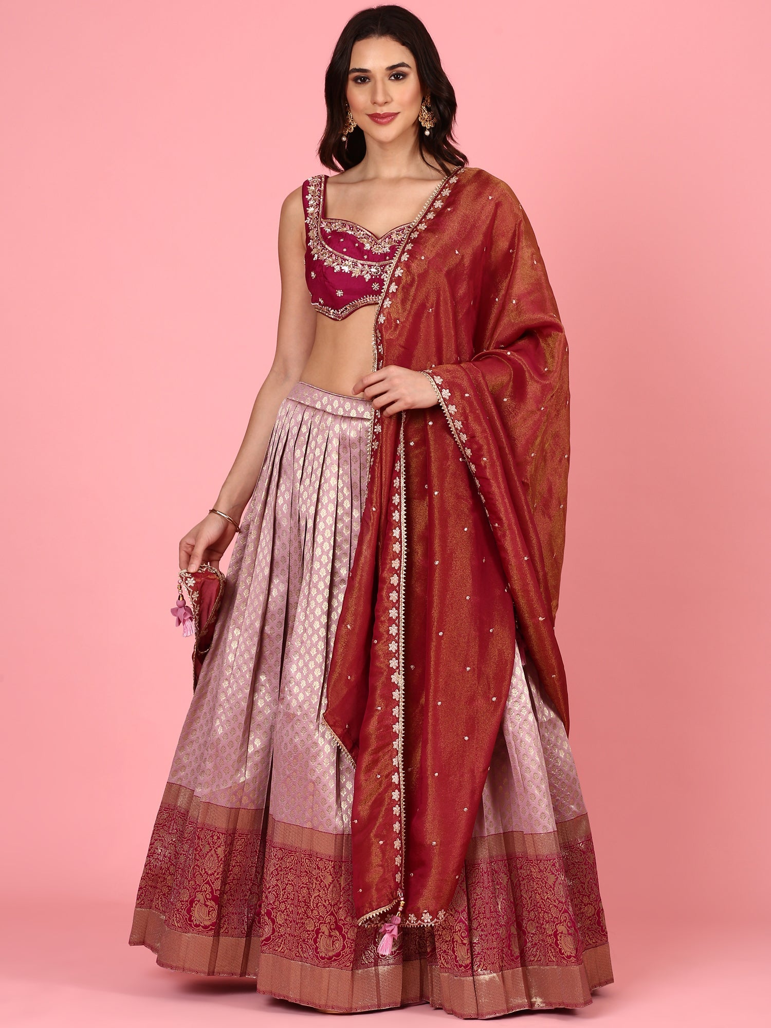 Magenta silk embroidered Three piece ghagra set