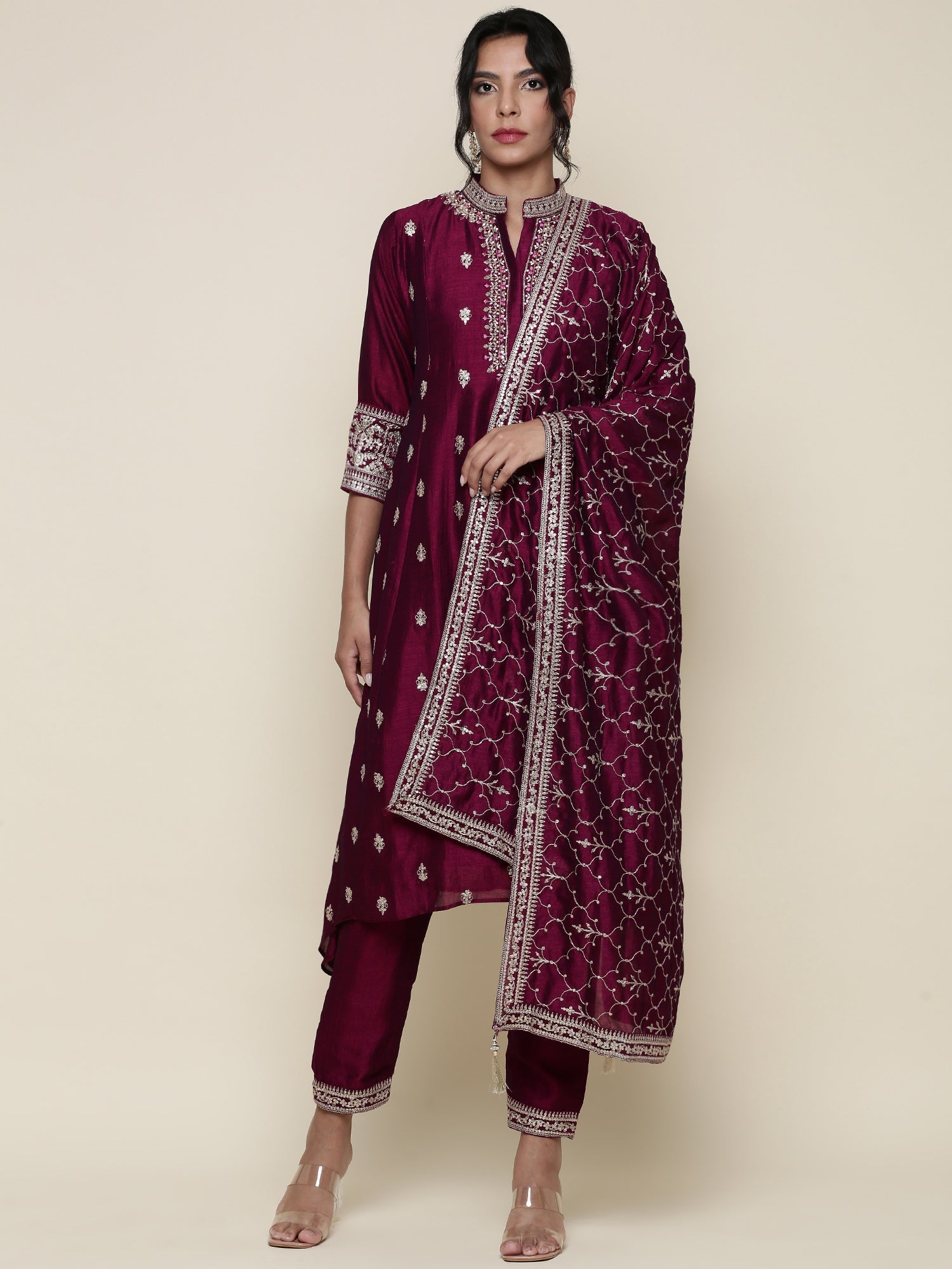 Magenta silk embroidered three piece anarkali set