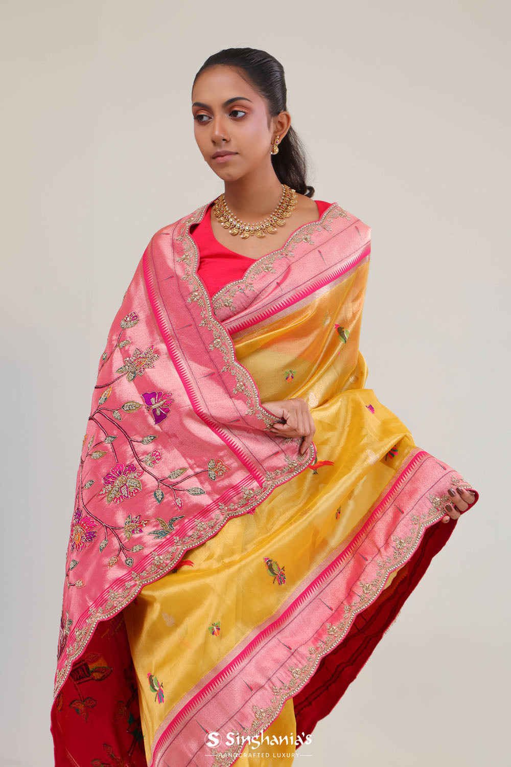 Cyber Yellow Designer Tissue Saree With Paithani Border