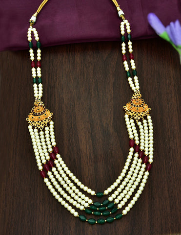 Multi-Line Pearl Beads Mala with Kempu Side Lockets