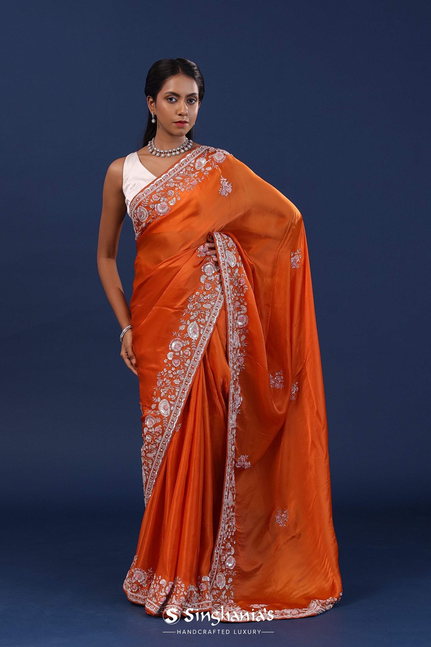 Bright Orange Satin Silk Saree With Cutdana Work