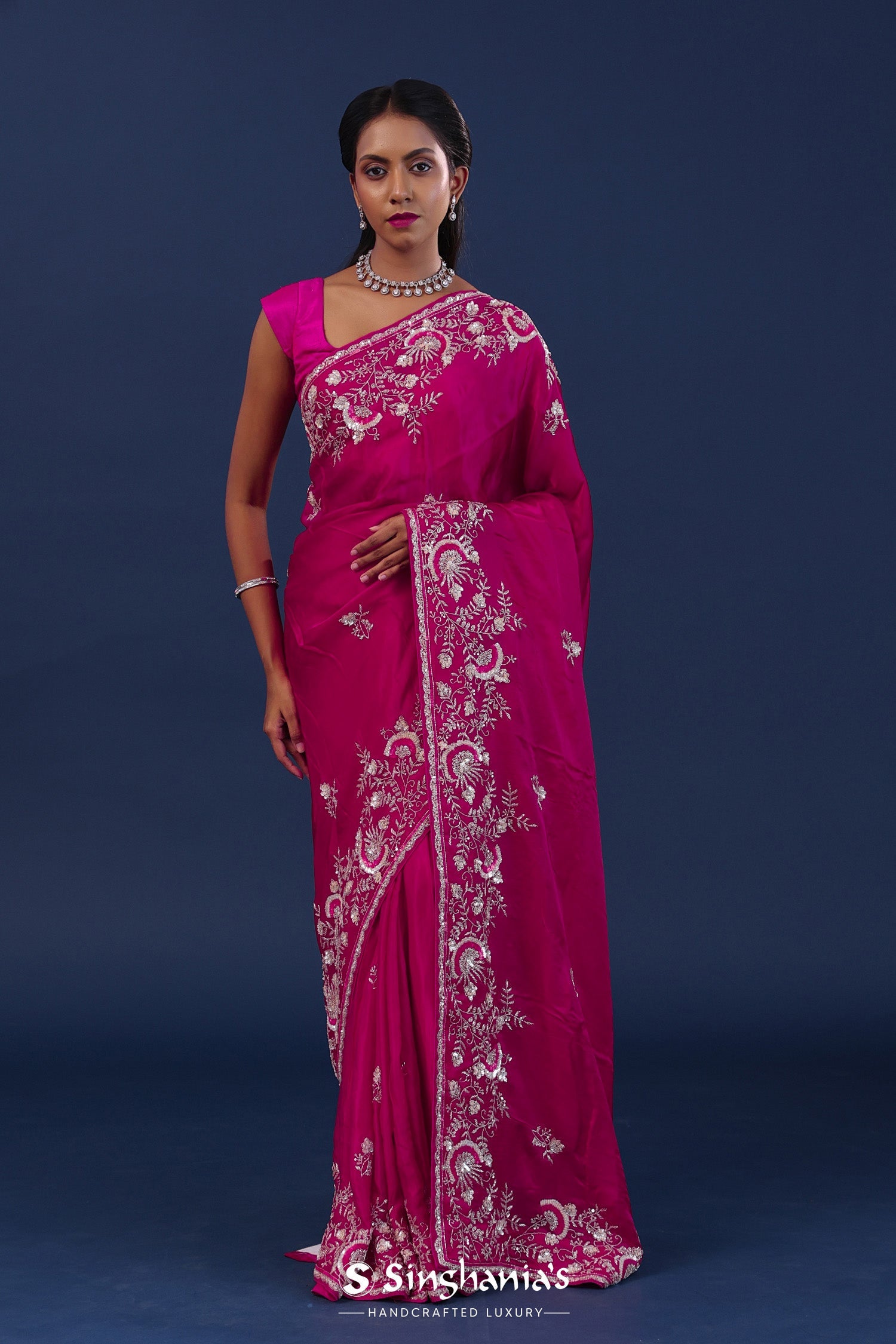 Bright Fuchsia Pink Satin Silk Saree With Cutdana Work
