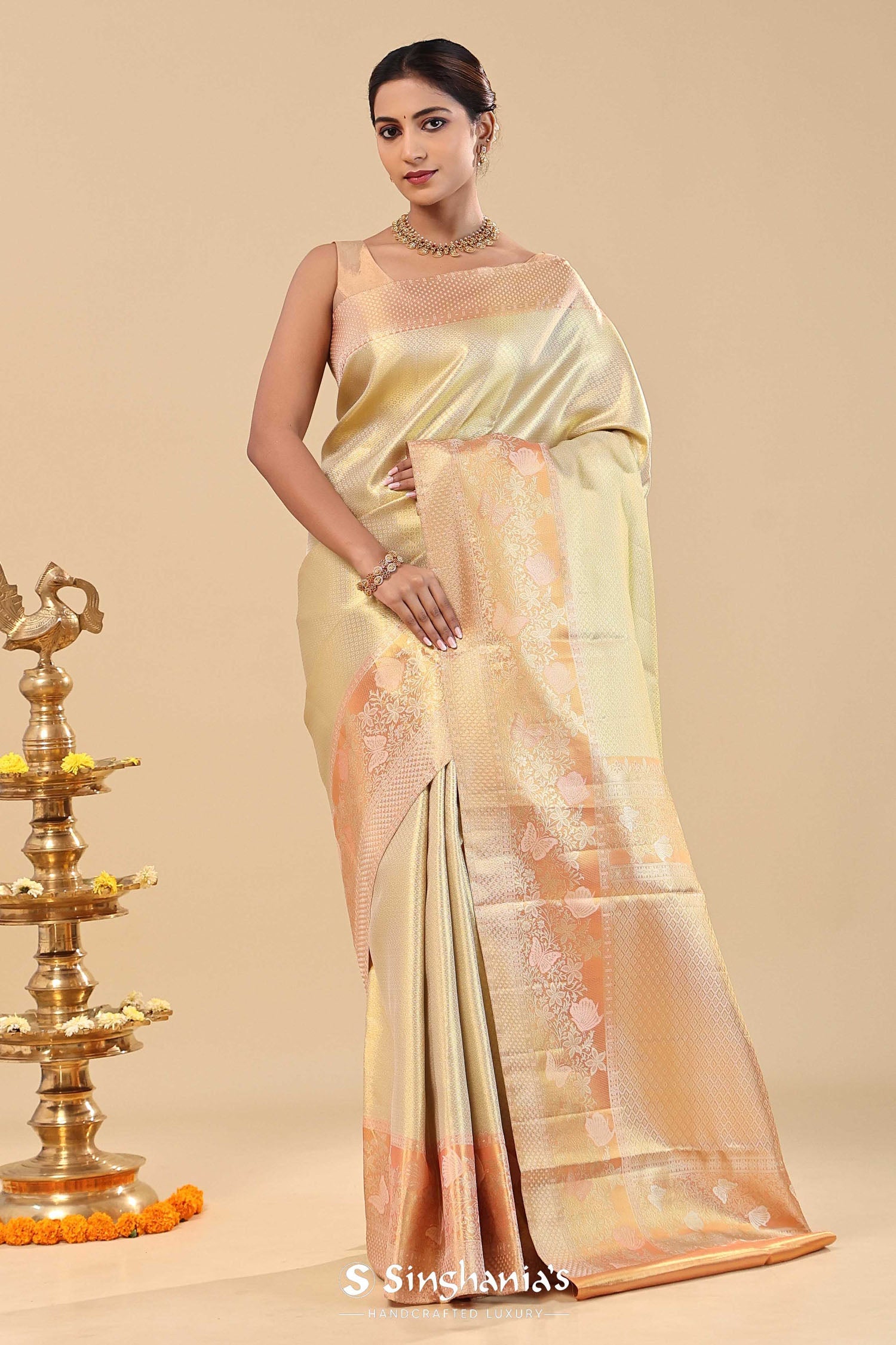 Beige Kanjivaram Saree With Contrast Border