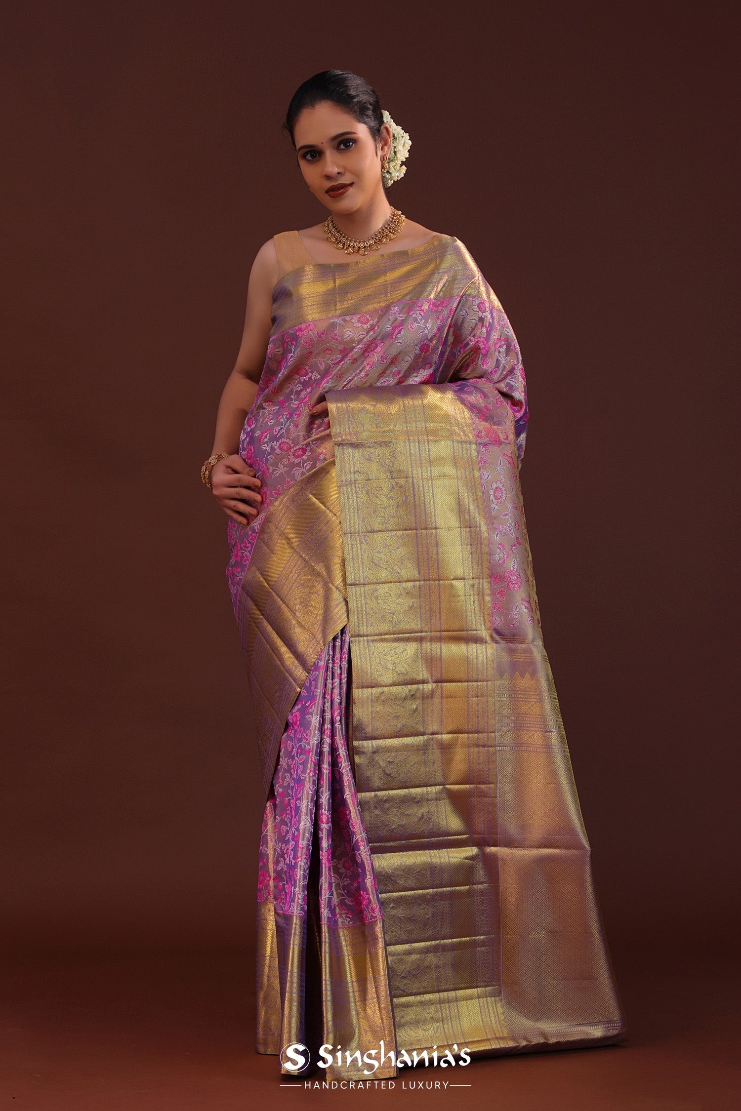 Amethyst Purple Kanjivaram Tissue Saree With Floral Jaal