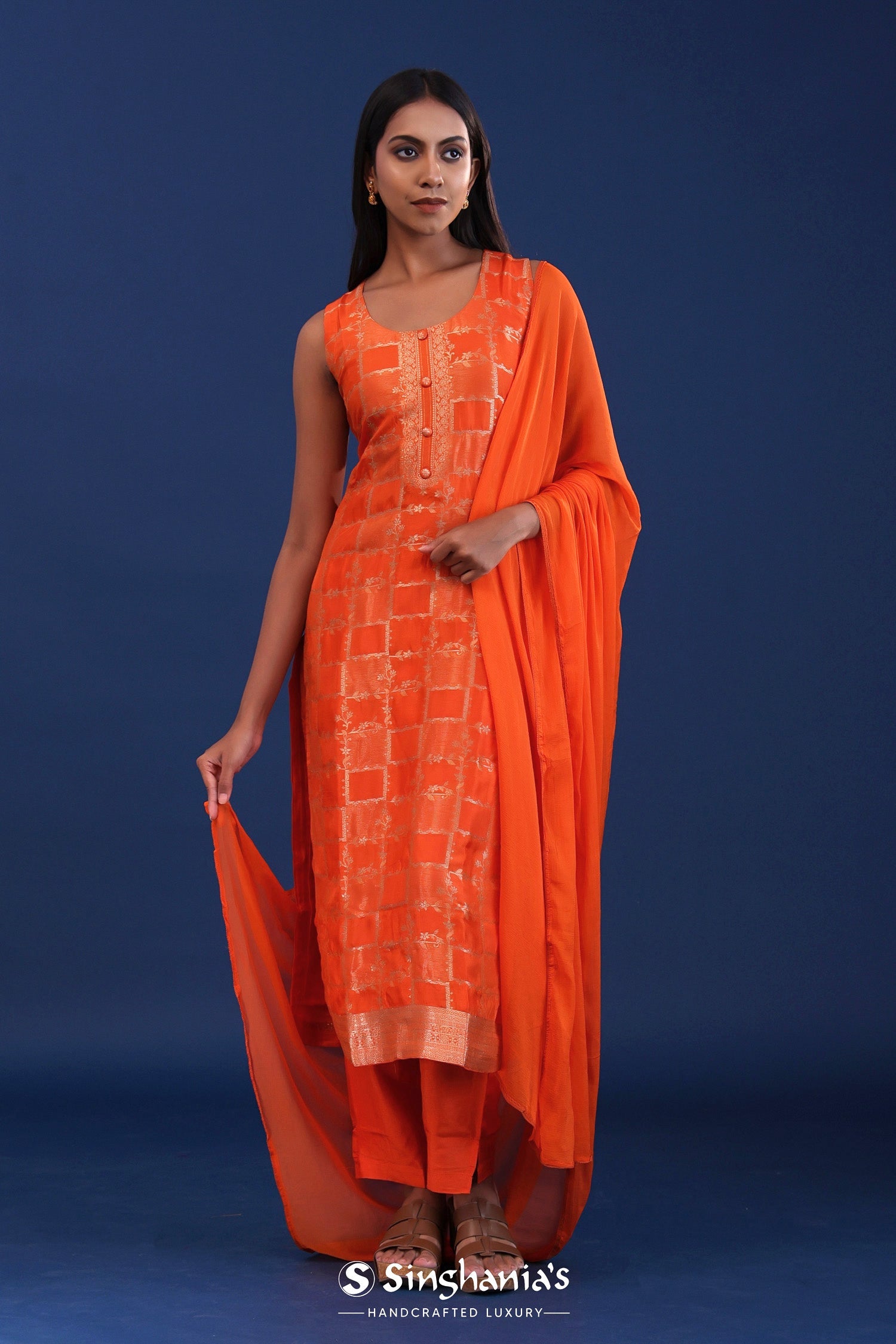 Bright Orange Banarsi Silk Kurti Set