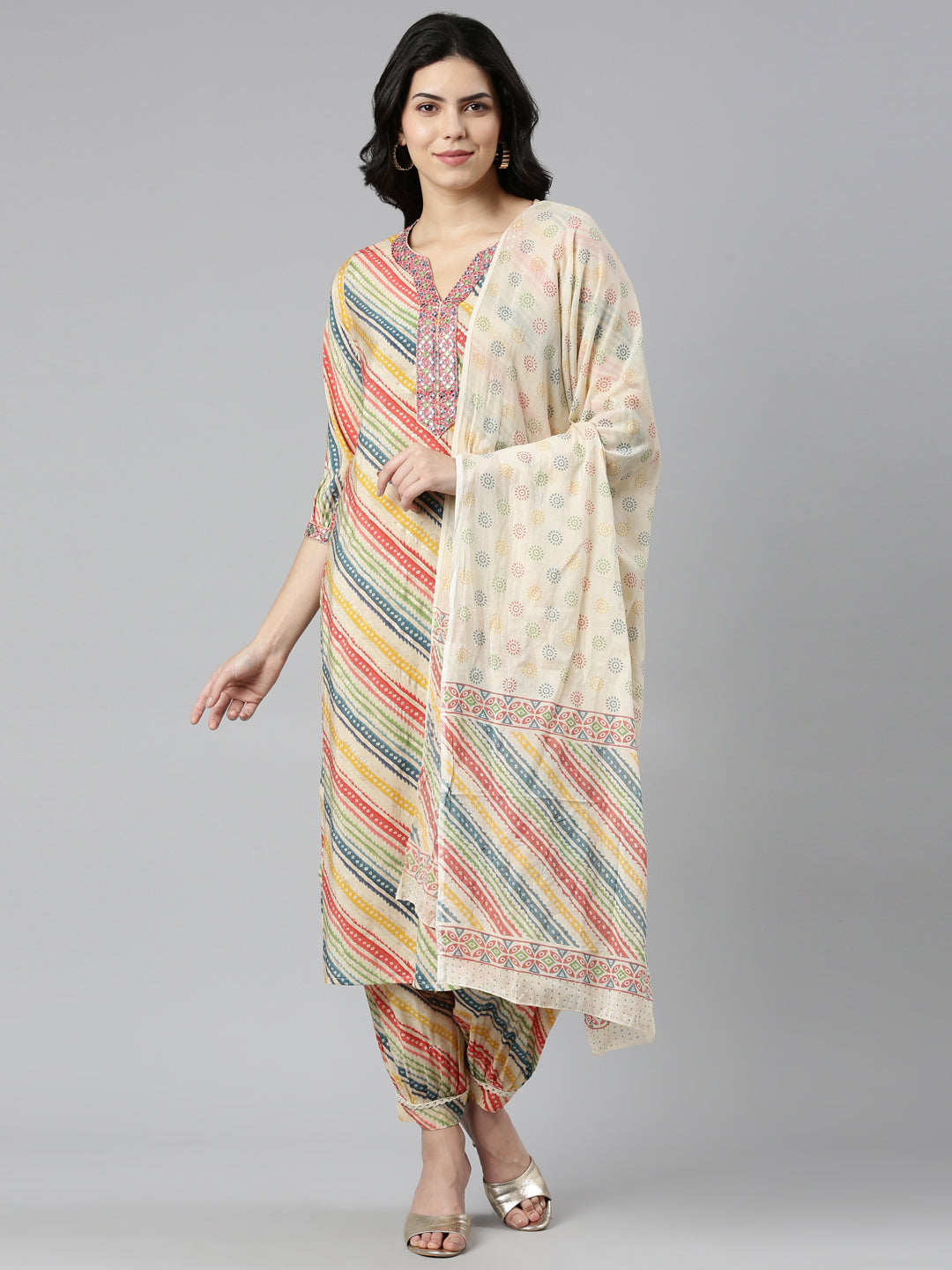 Neeru's Beige Regular Straight Printed Readymade Suits