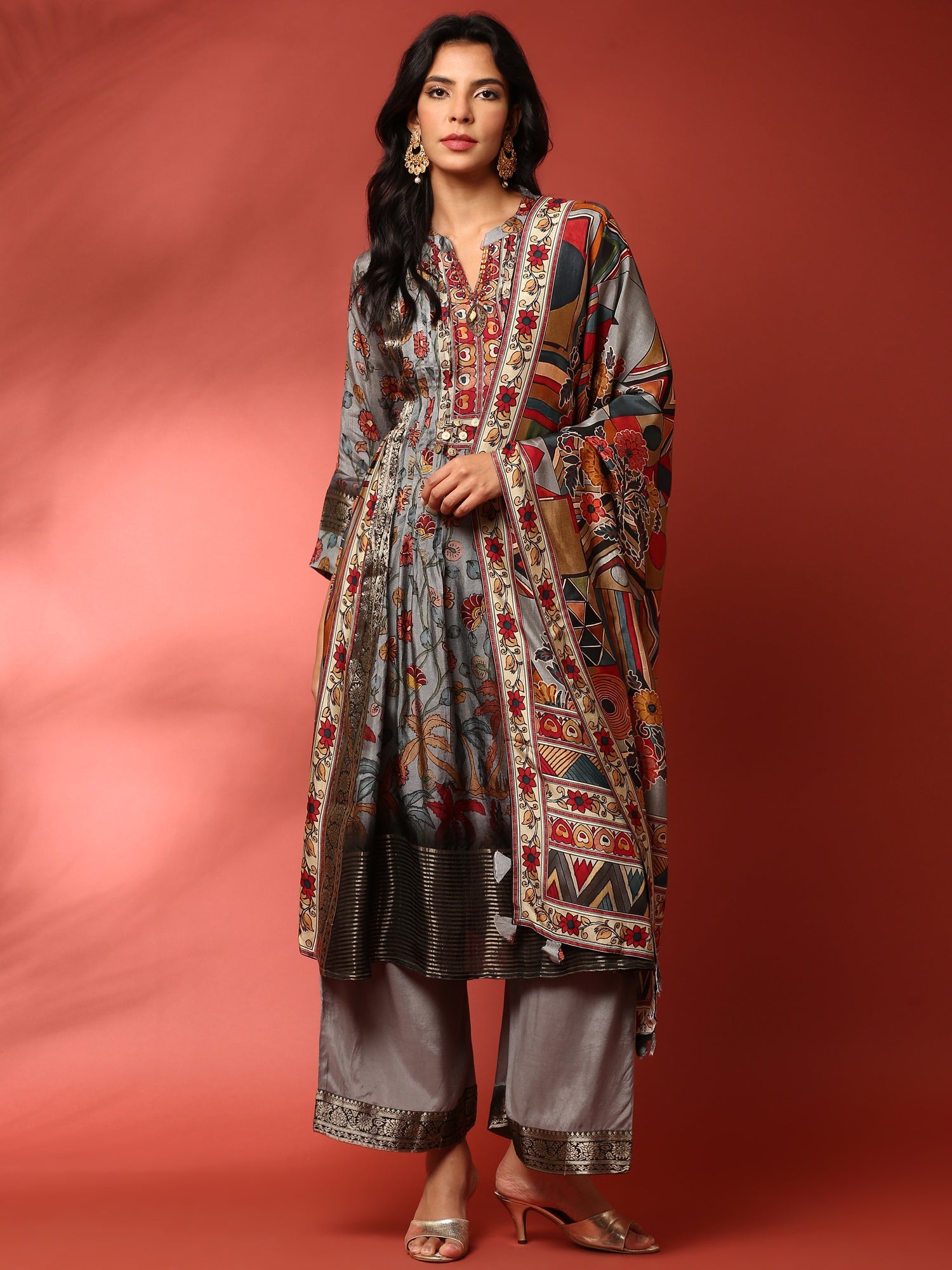 Grey Kalamkari Silk A-line three piece suit set