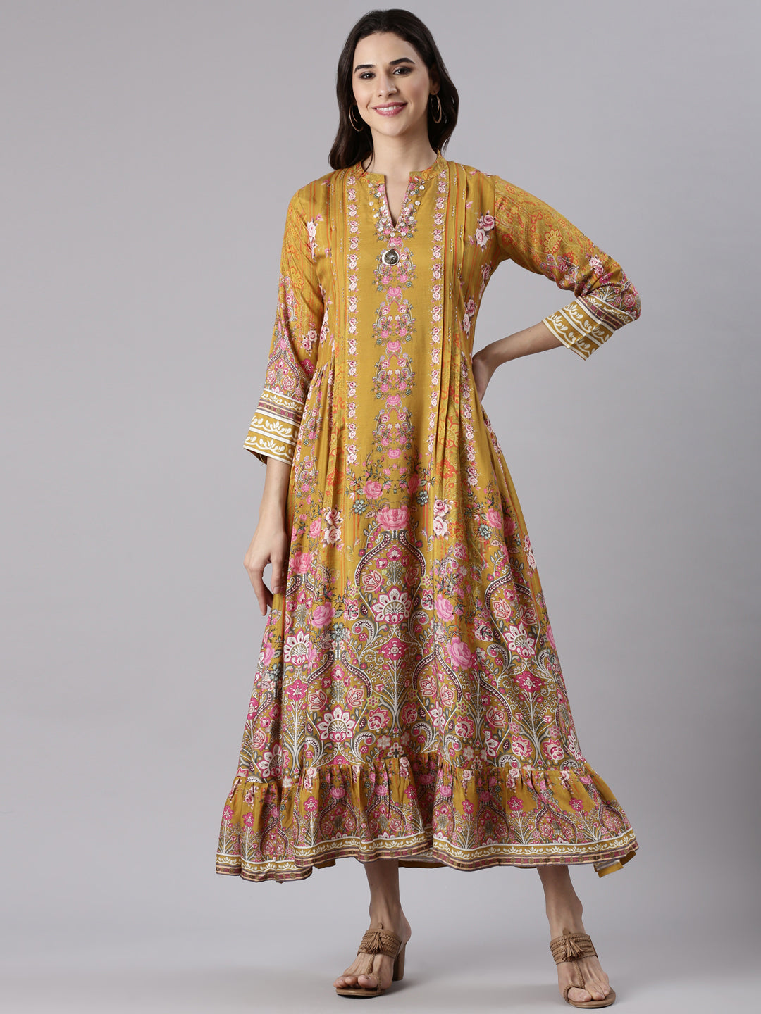 Mustard Muslin Long Anarkali Gown