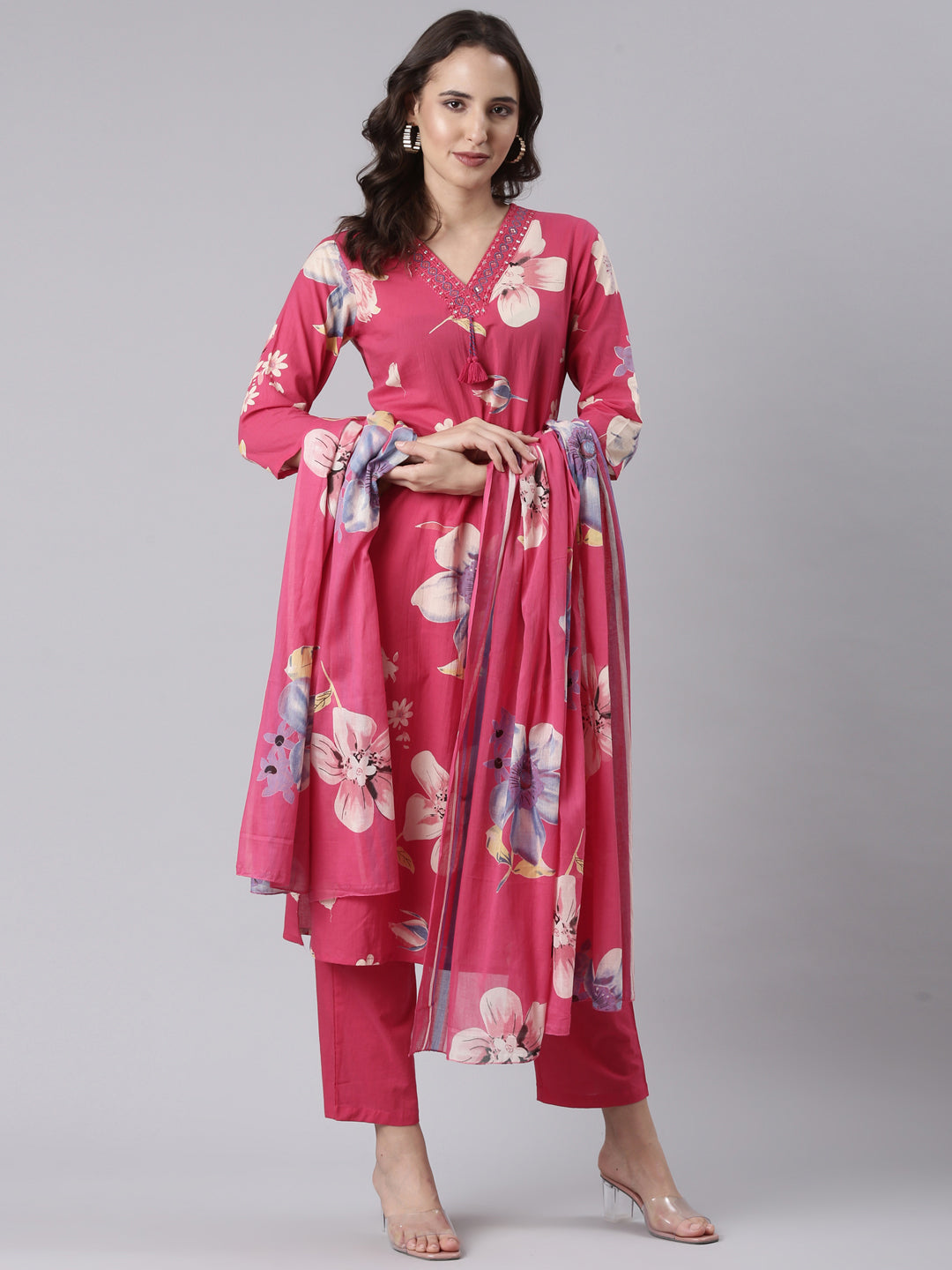 Magenta cotton printed three piece set