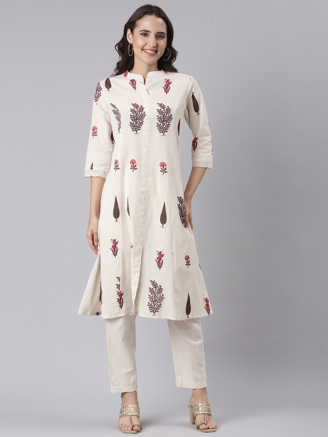 Cream flex block print two piece set