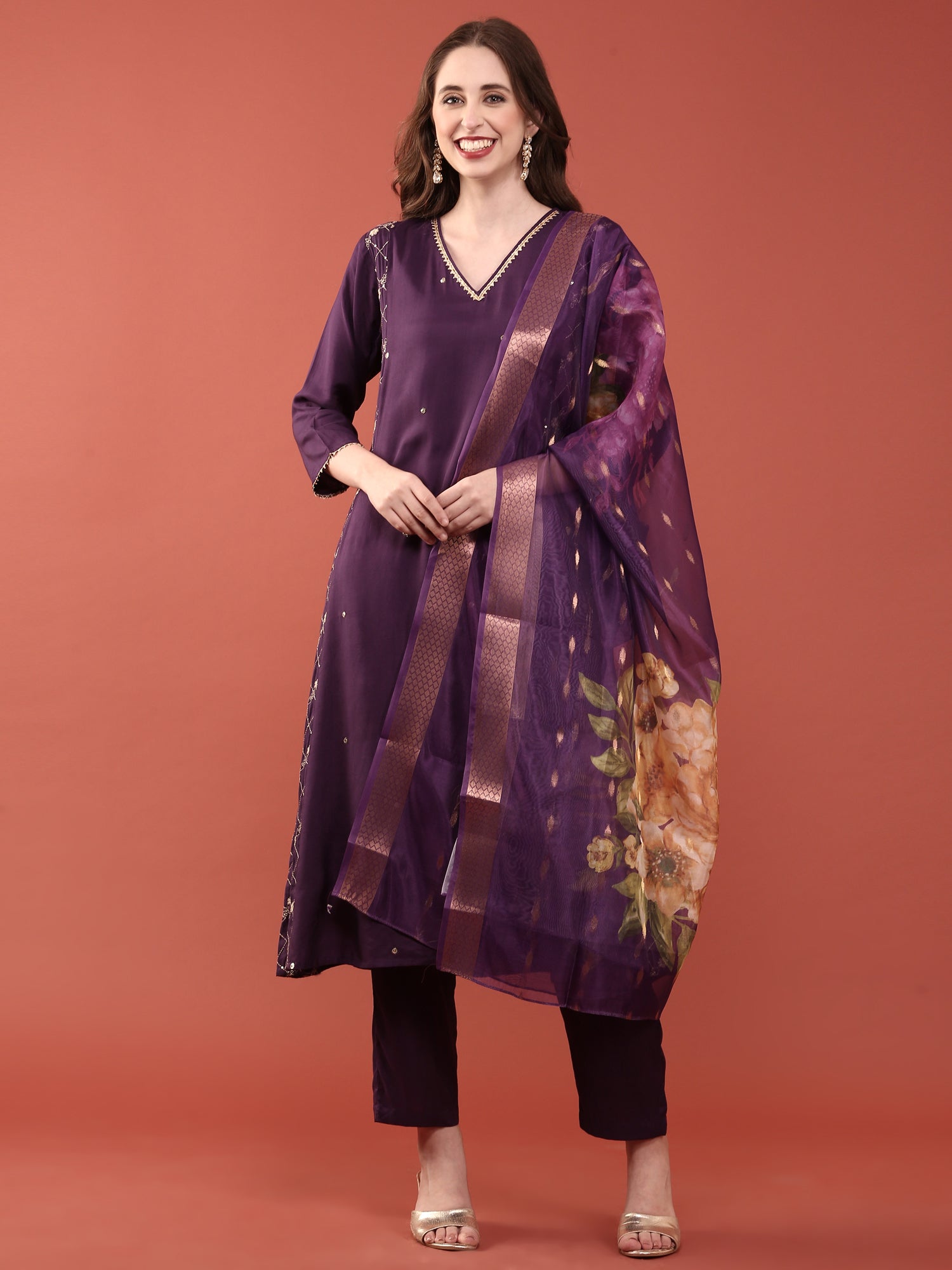 Dark Purple Muslin Three Piece Set