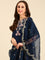 Midnight Blue thread work three piece crepe suit set with organza dupatta