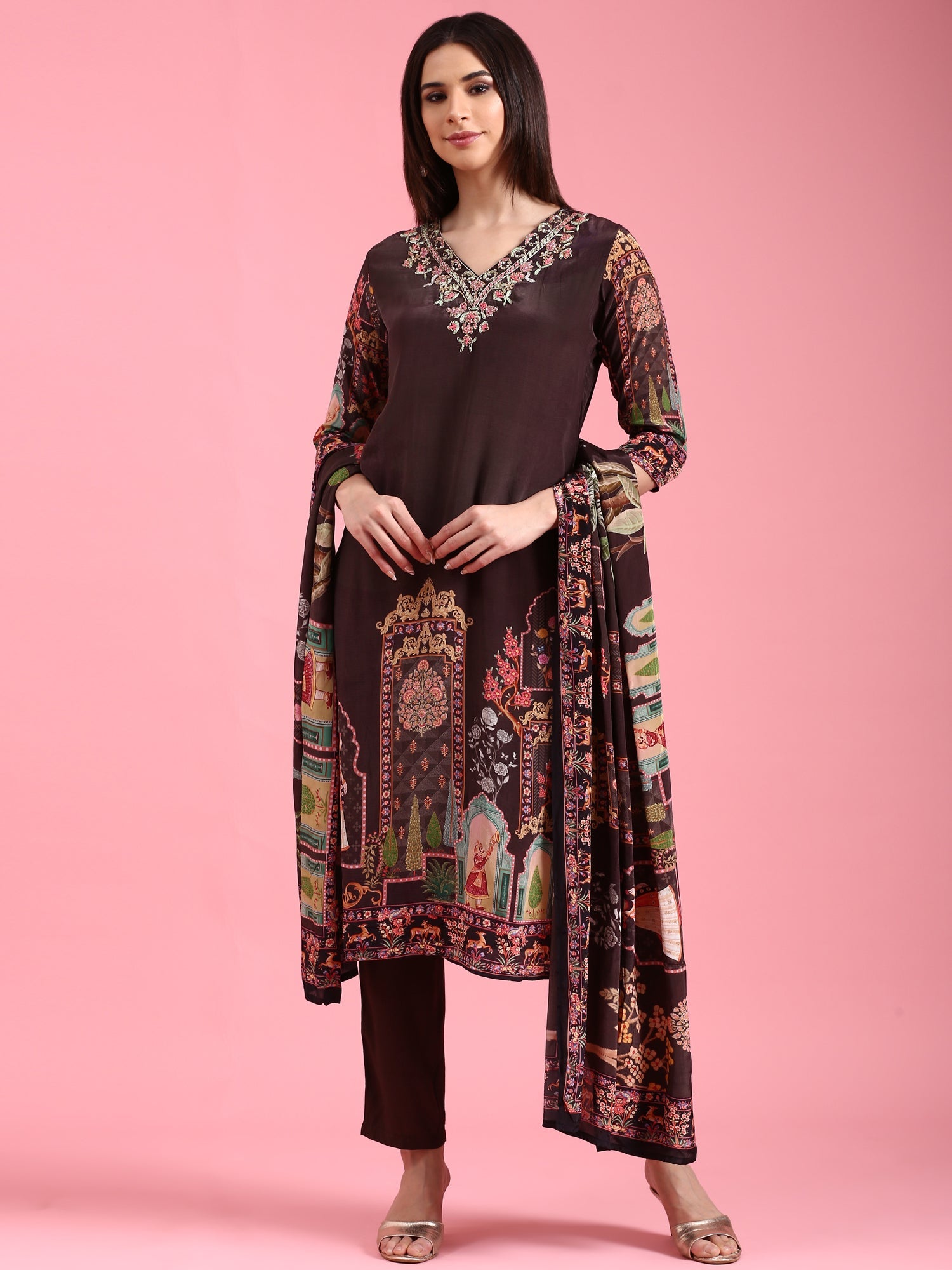 Black Crepe Hand Embroidery Three Piece Suit Set