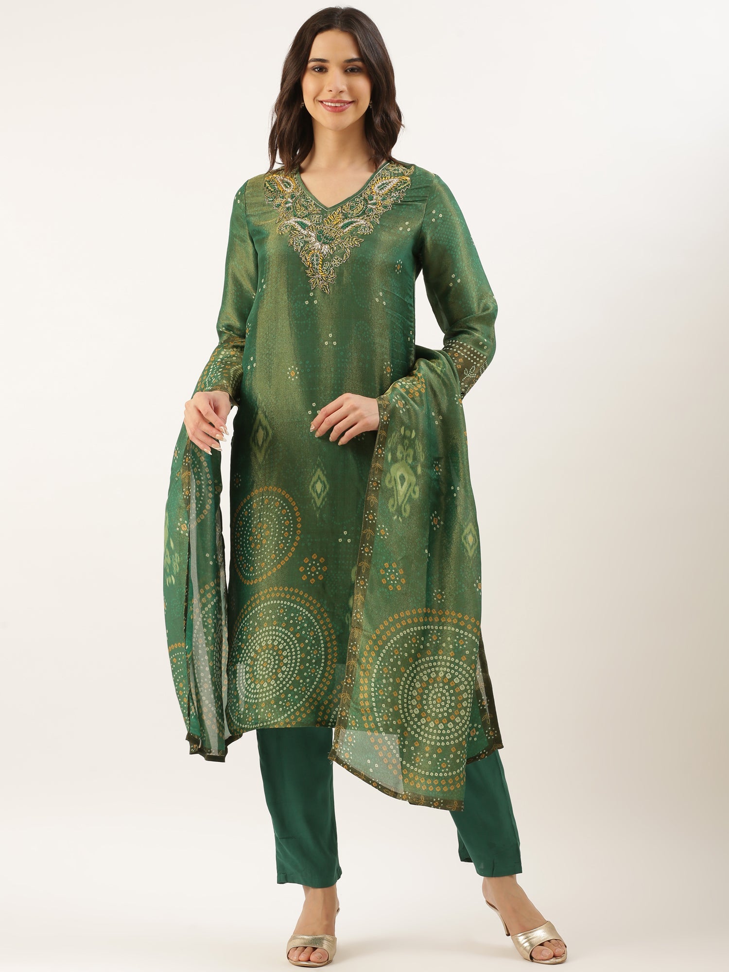 Green Tissue Printed Embroidery Three Piece Suit Set