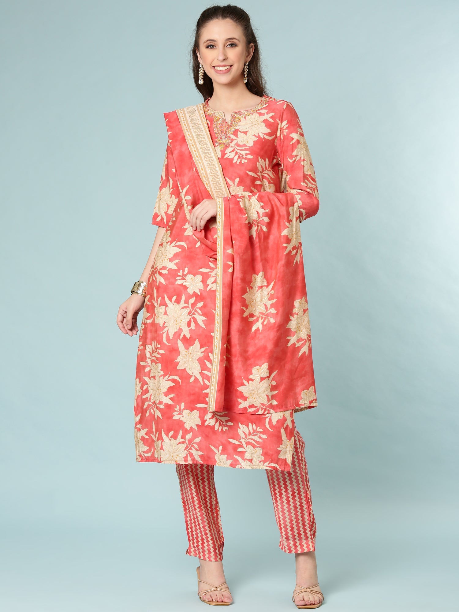 Mustard Dola Silk Floral Digital Print Three Piece Set