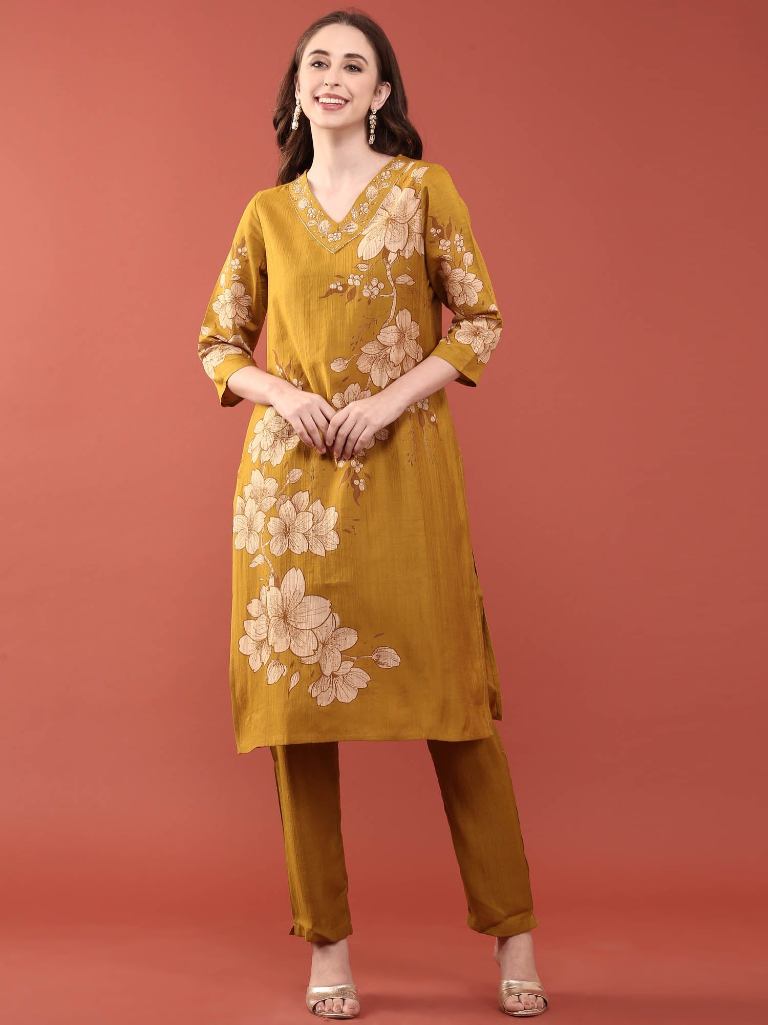 M Green Viscose Rayon Floral Printed Two Piece Set