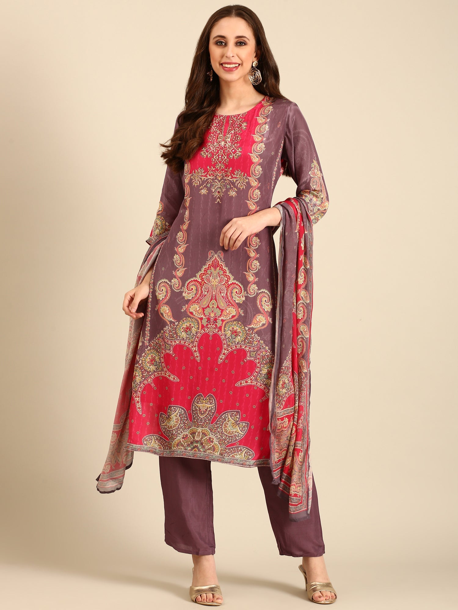 Light purple Digital printed three piece Crepe suit set