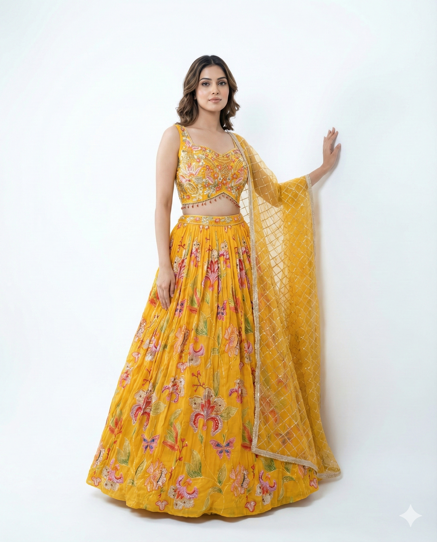Yellow Chinnon Lehenga with Floral Print & Heavy Handwork Blouse | Net Dupatta