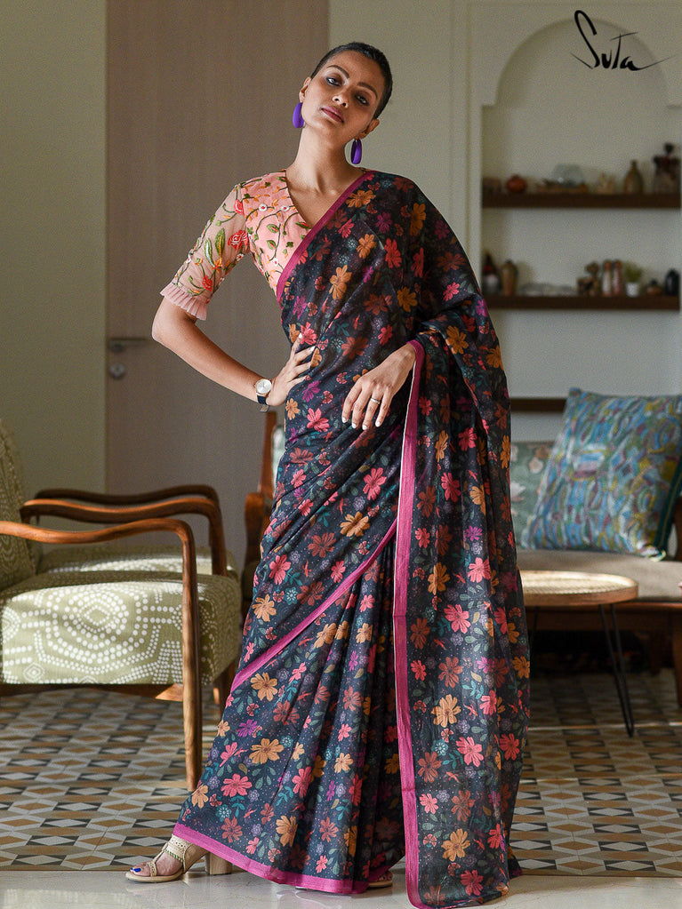 Coral-Reef Handloom Carpet from Kashmir with Knotted Flowers