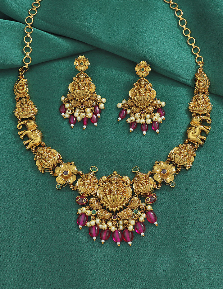 Designer Lakshmi Devi Ruby Matt Kempu Necklace Set