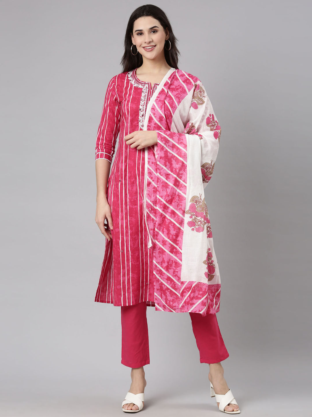 Neerus Pink Regular Straight Striped Kurta And  Trousers With Dupatta