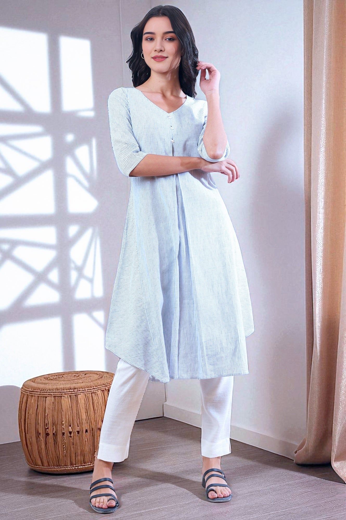 Blue Yarn Dyed A-Line Cotton Blend Kurta