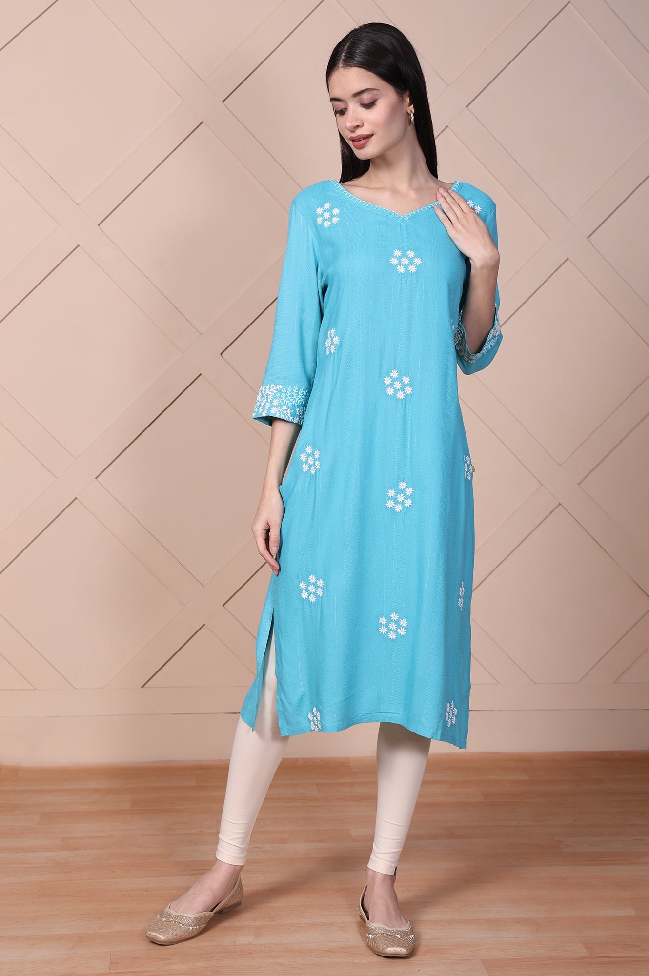Blue Embroidered Straight Rayon Kurta