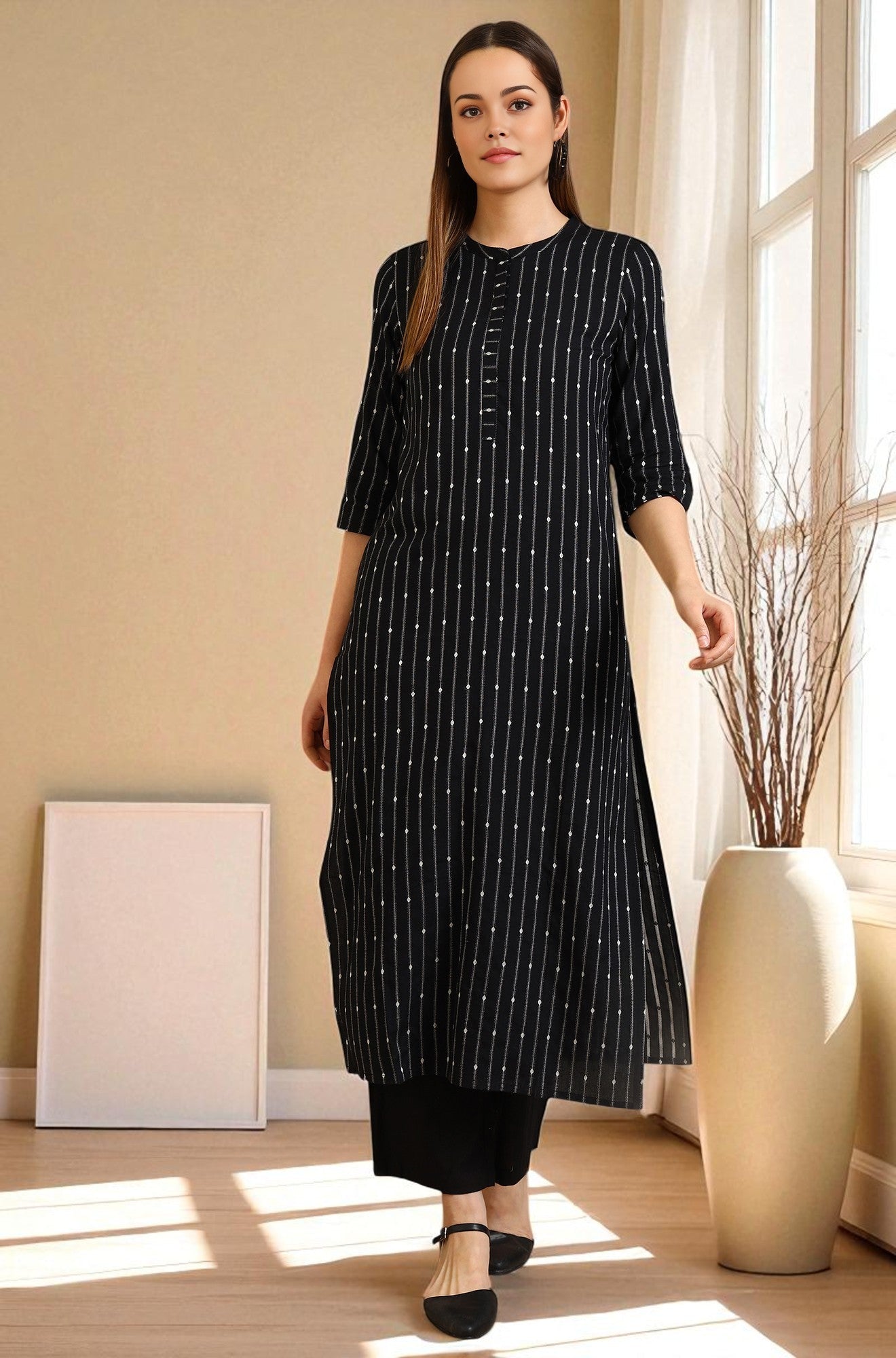 Black Yarn Dyed Striped Straight Kurta