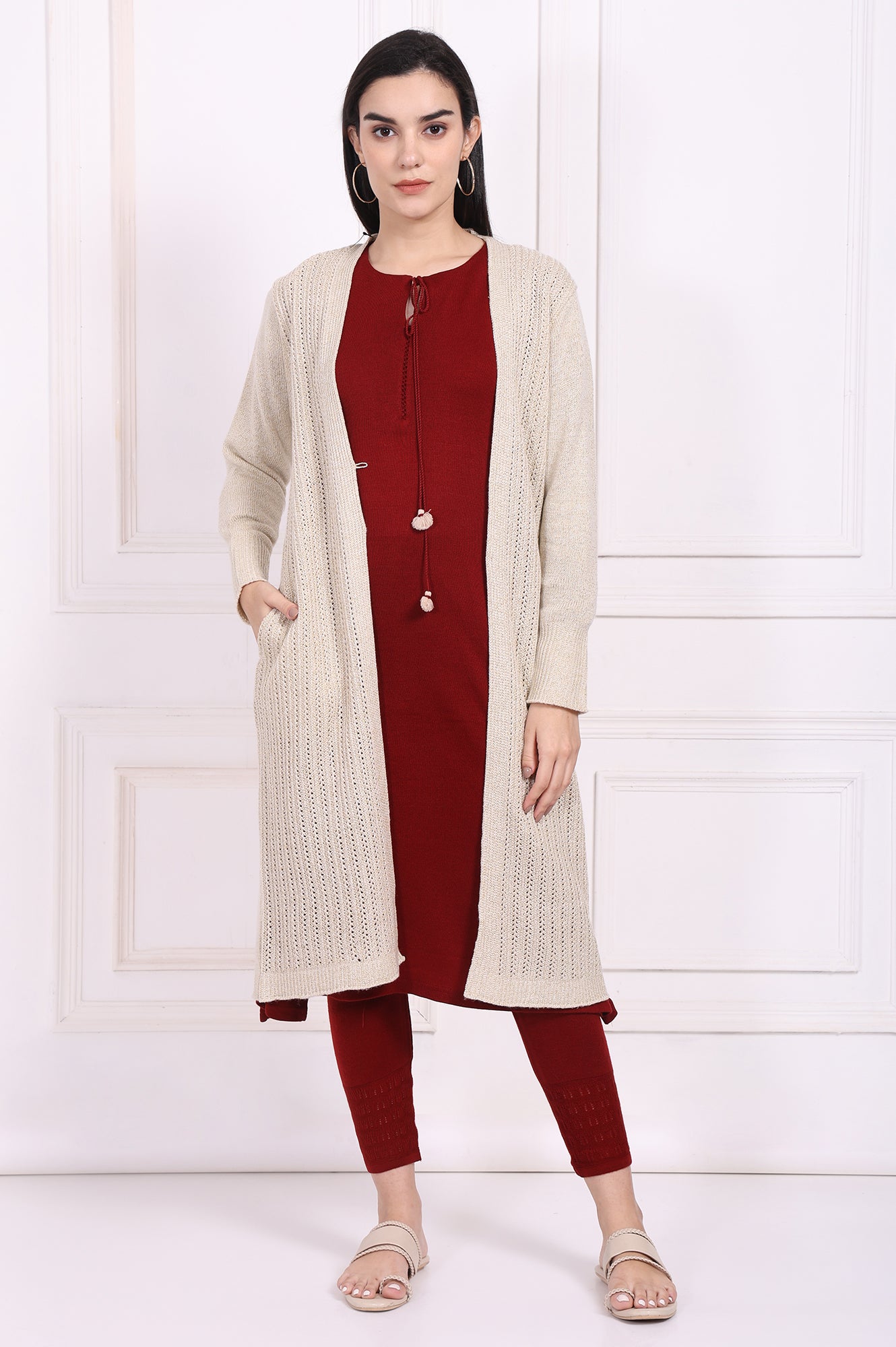 Beige Textured Tasseled Straight Acrylic Sweater