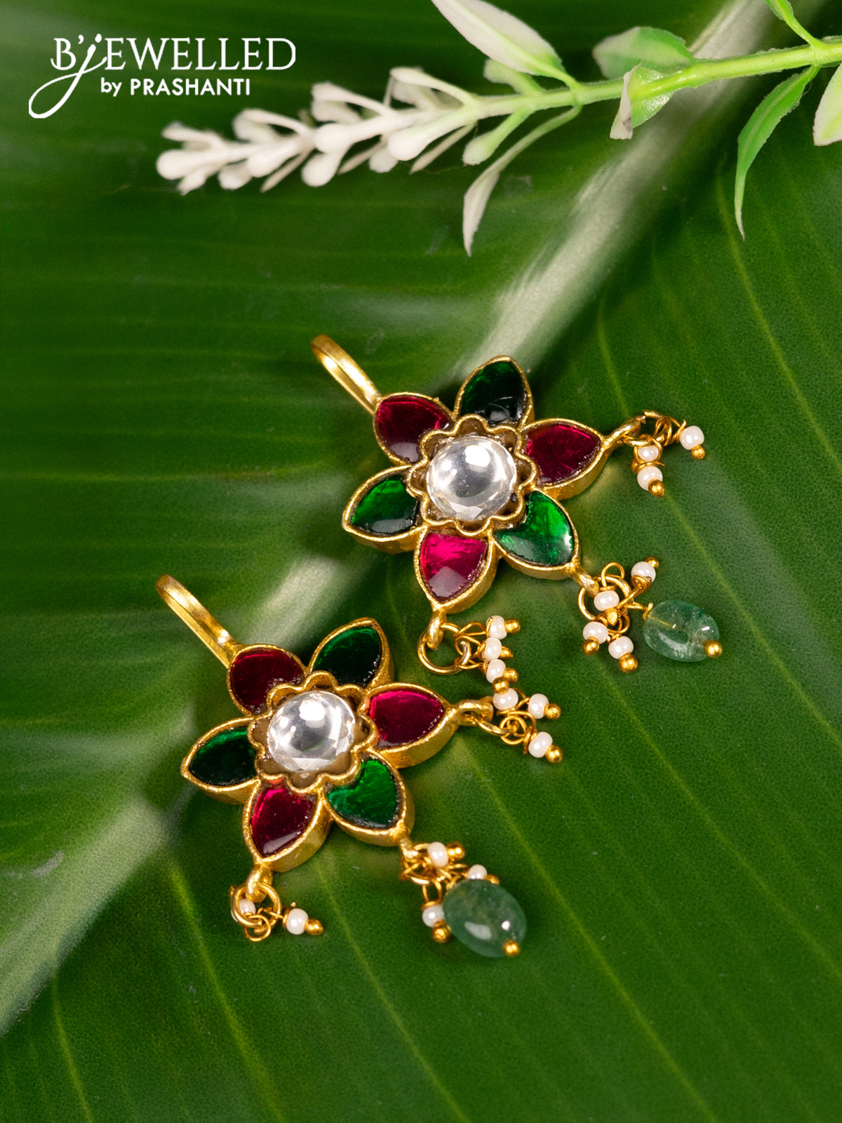 Bugadi earrings floral design with jadau kundan stones and pearl & beads hanging