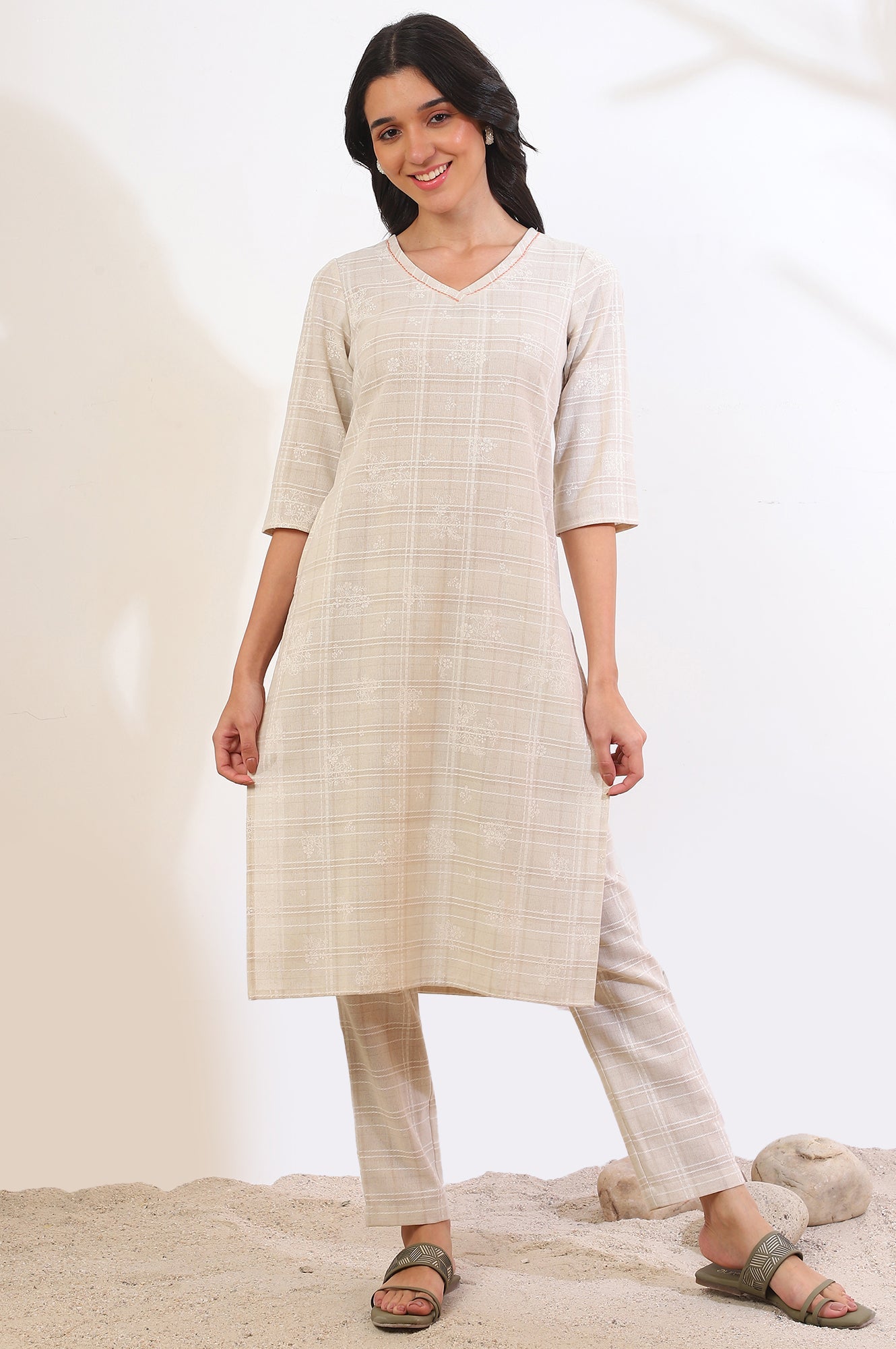 Beige Printed Cotton Blend Straight Kurta & Trousers Set