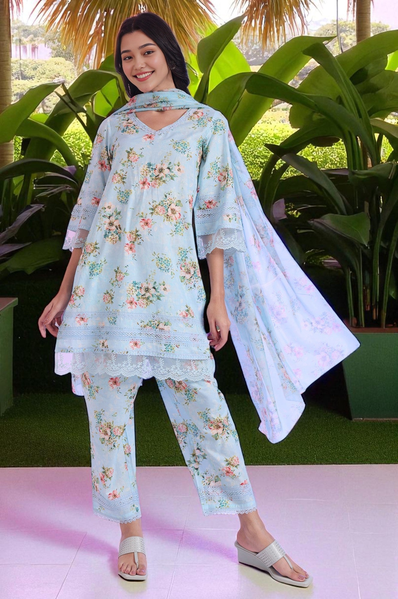 Blue Printed Straight Kurta with Palazzo & Dupatta Set