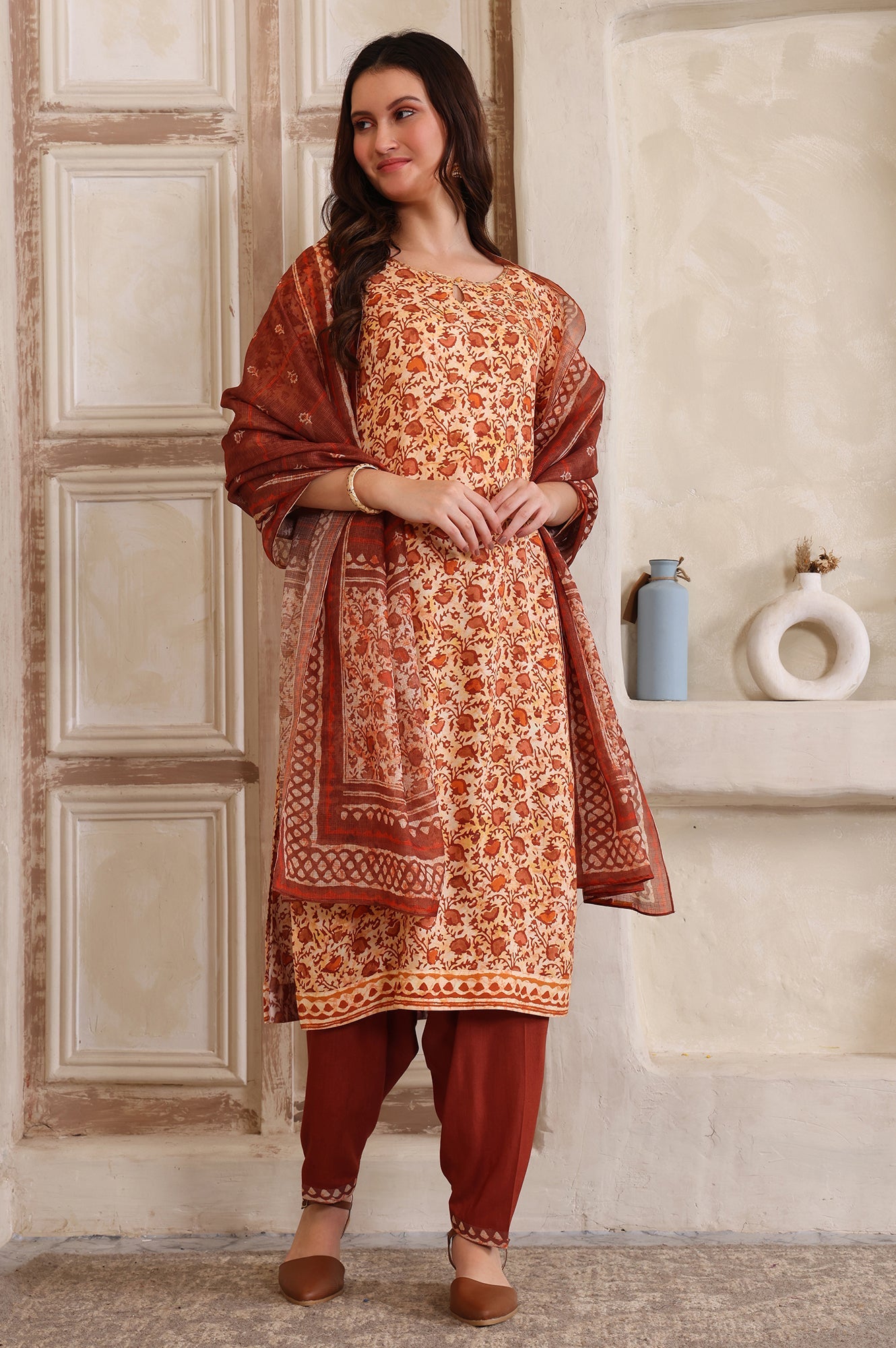 Brown Floral Printed Sequinned Straight Kurta, Salwar and Dupatta Set