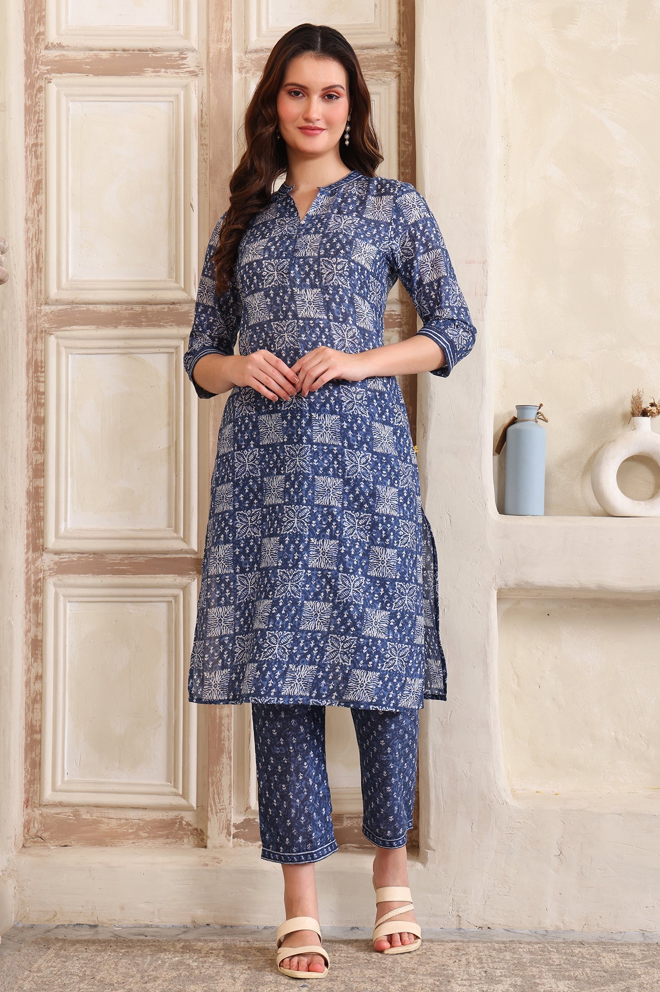 Blue Printed Straight Pure Cotton Kurta and Trouser Co-ord Set