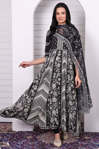 Black Abstract Printed Hand Work Flared Kurta, Leggings and Dupatta Set