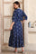 Blue Dyed Thread Embroidered Flared Cotton Blend Dress and Jacket Set