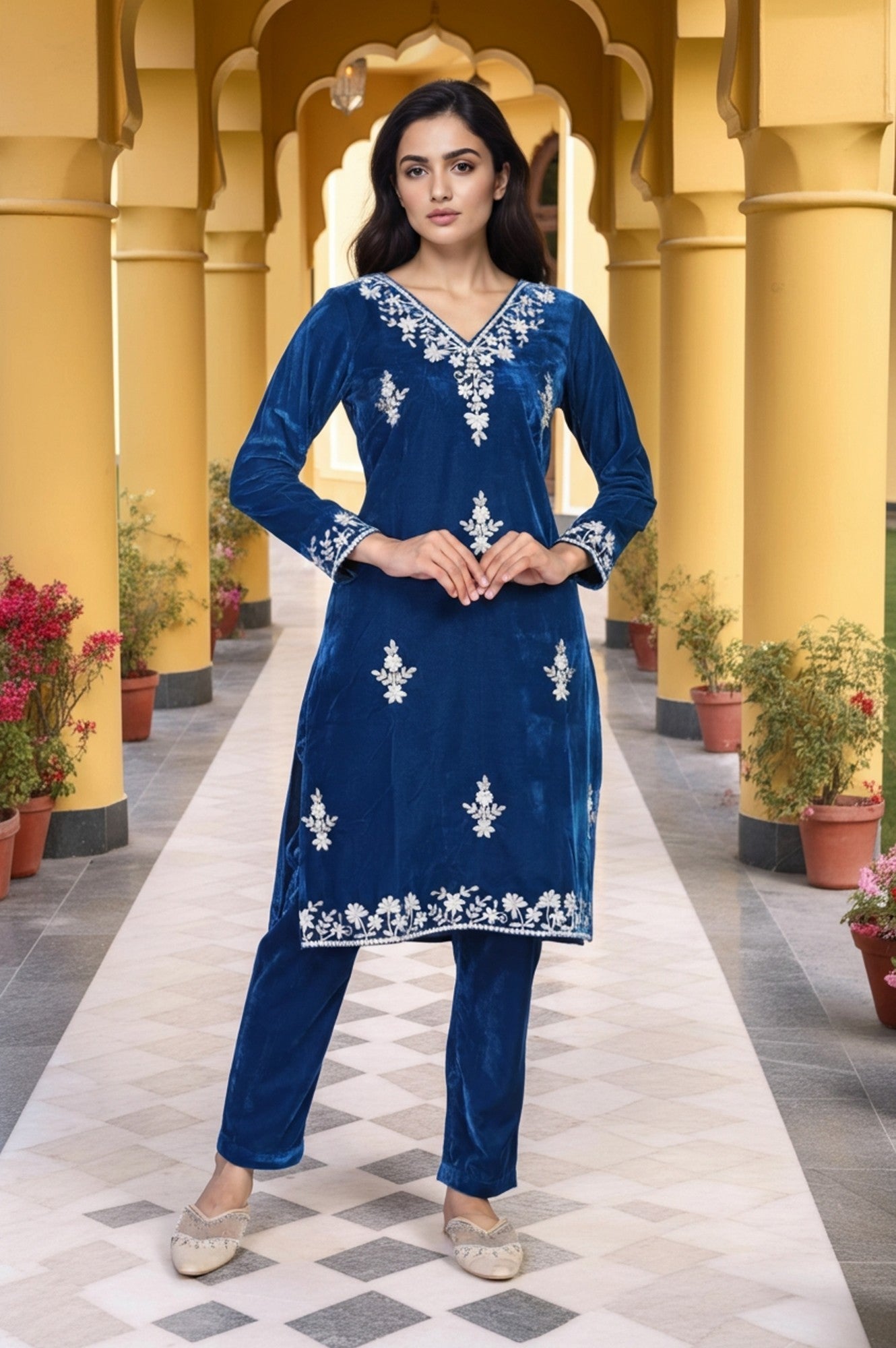 Blue Solid Embroidered Thread Work Straight Velvet Kurta with Trouser