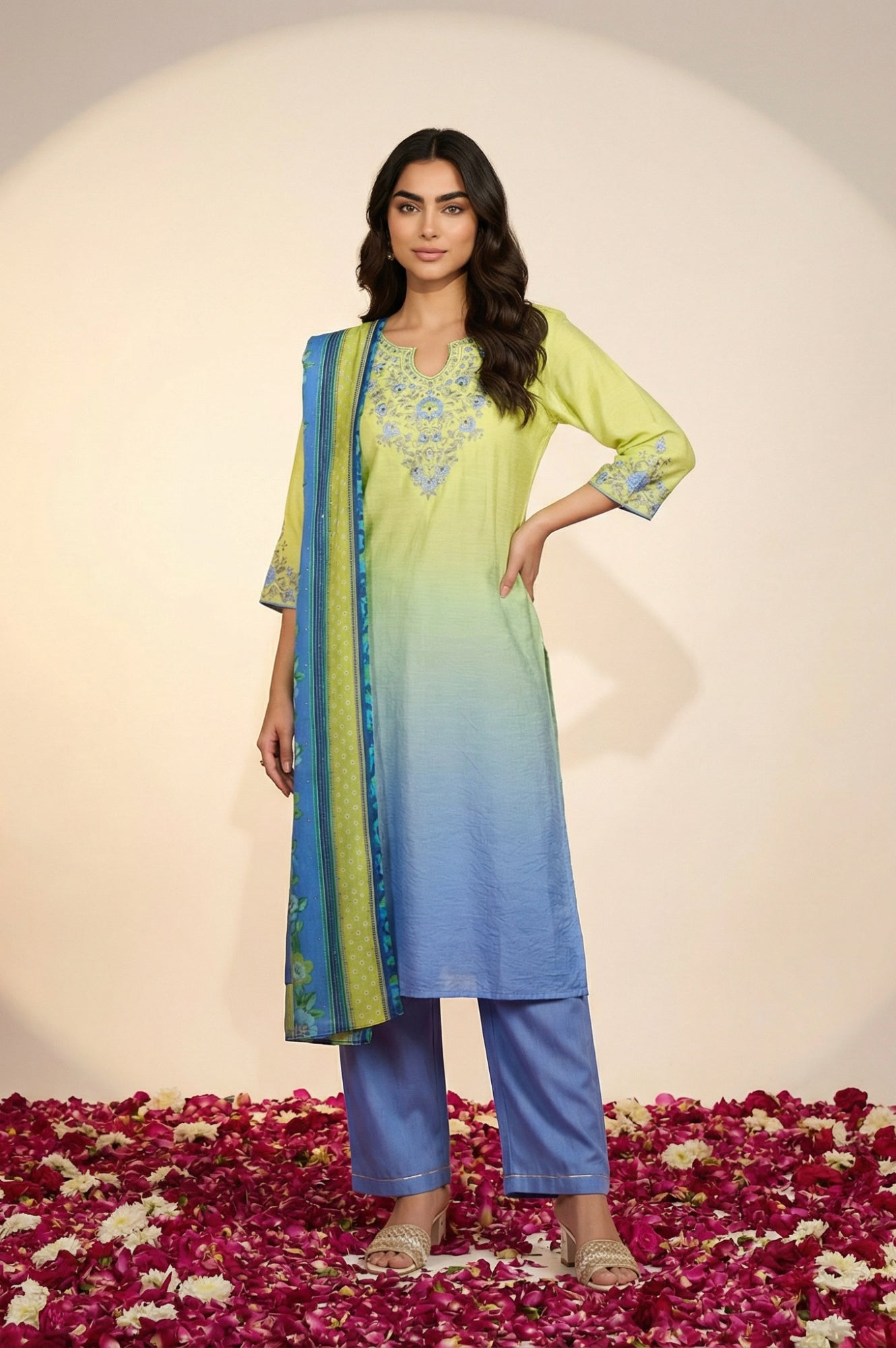 Lime Green Ombre Embroidered Straight Kurta with Palazzo and Dupatta Set