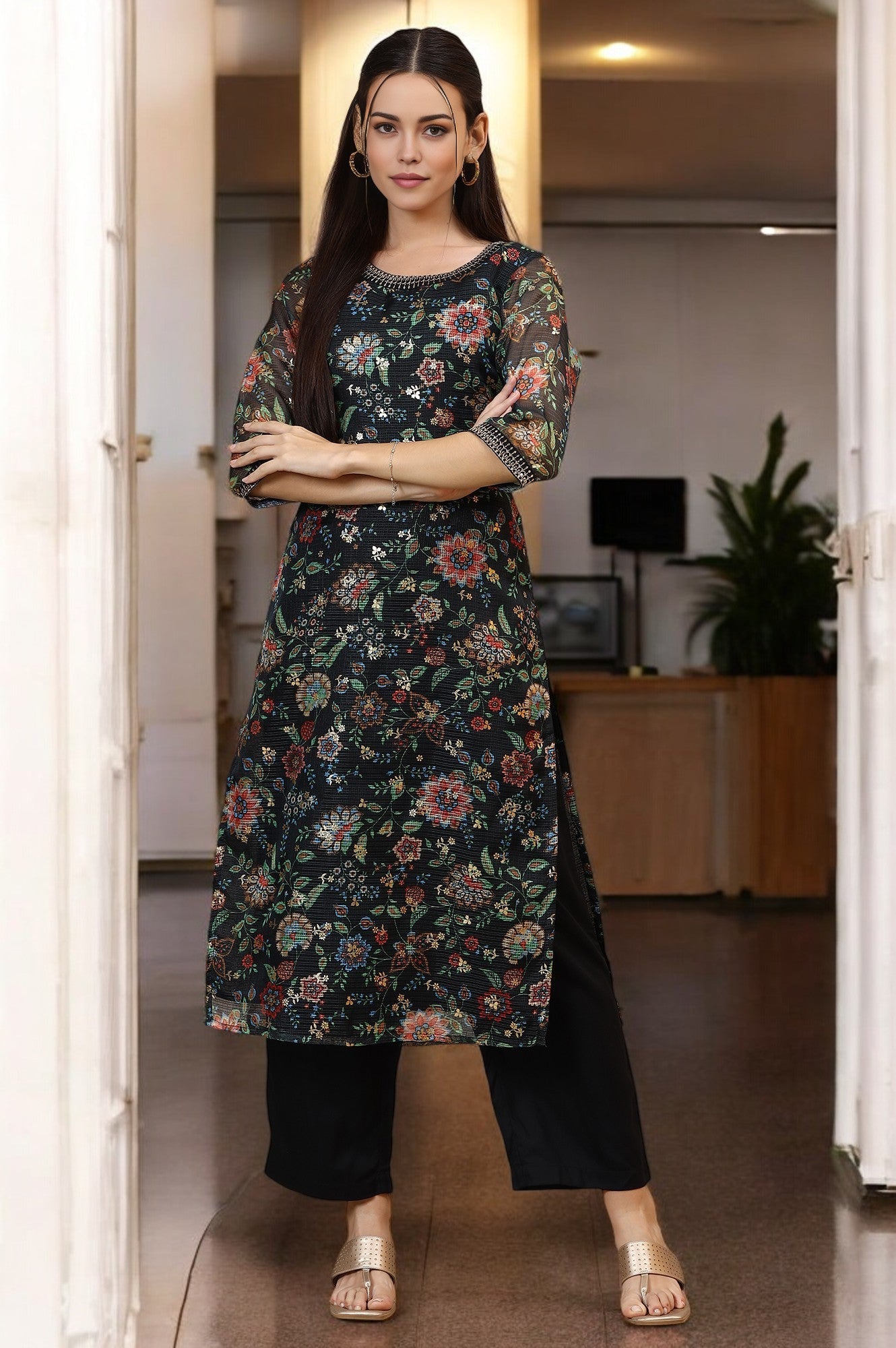 Black Floral Printed Straight Kota Kurta with Embroidered Neckline