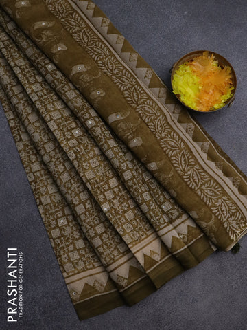 Chanderi silk cotton saree mustard green shade with allover prints & mirror work and mirror work printed border