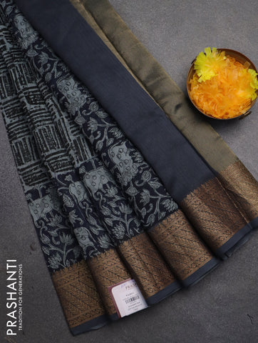 Chanderi silk cotton saree drak navy blue and grey with allover geometric prints and pichwai printed banarasi style border
