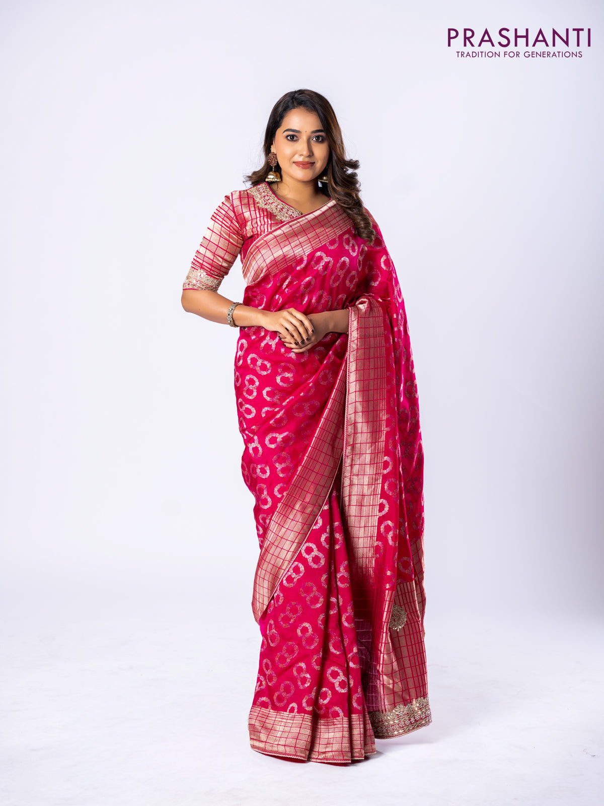 Banarasi munga silk saree pink with allover silver & gold zari weaves and zari woven lace border