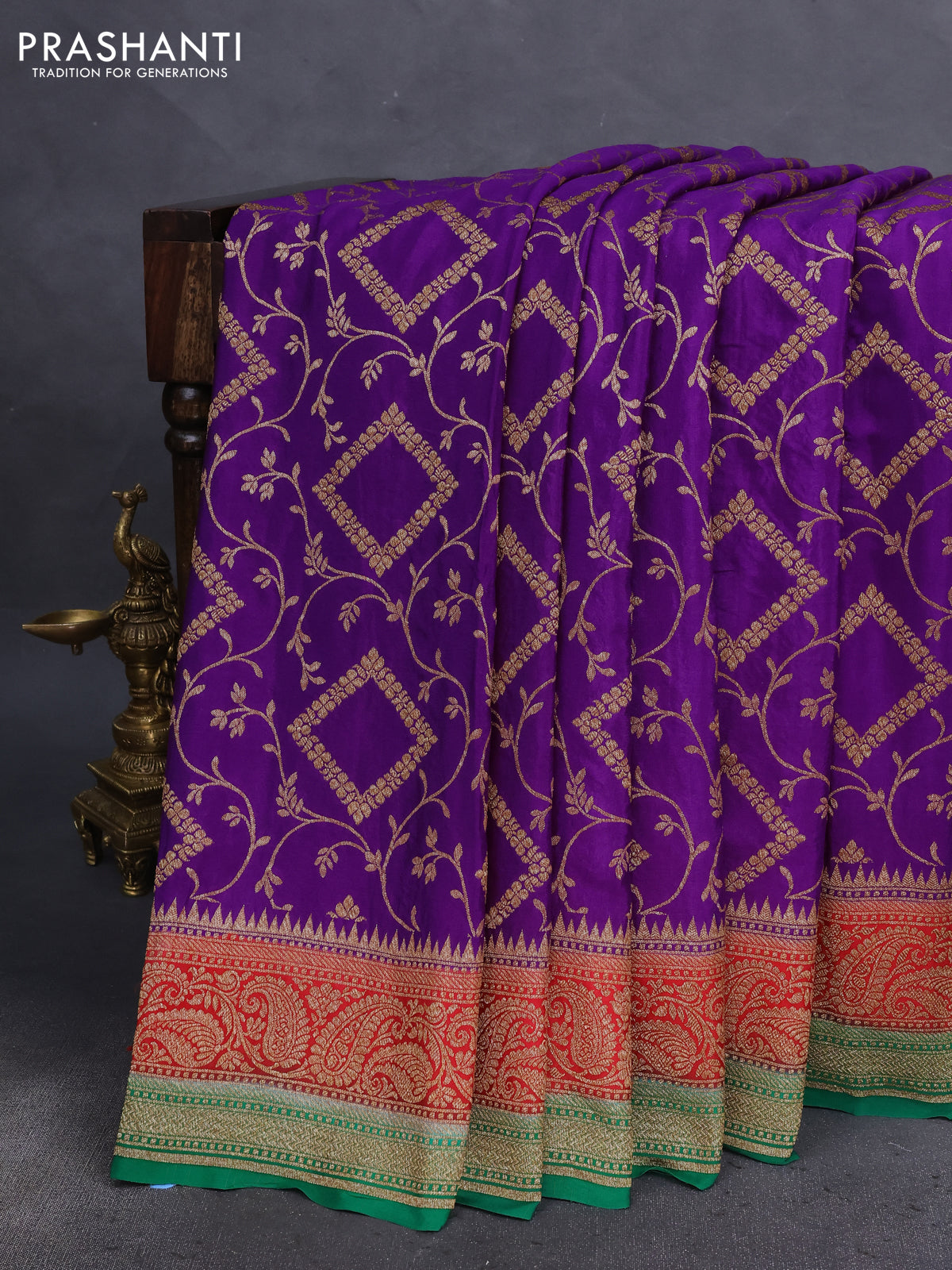 Banarasi crepe saree violet and red green with allover thread & zari weaves and woven border