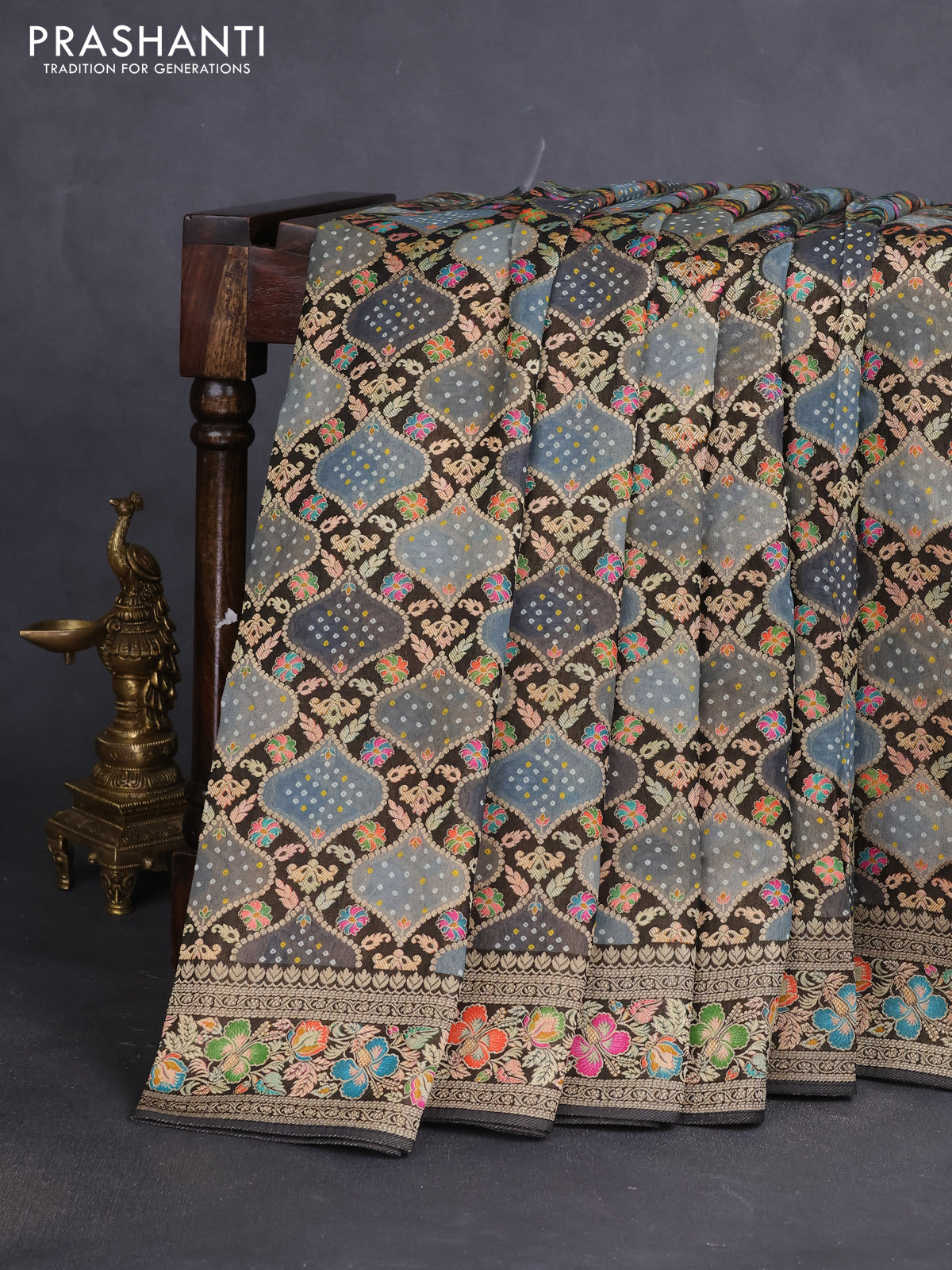 Banarasi georgette saree black and grey with bandhani prints & mina weaves