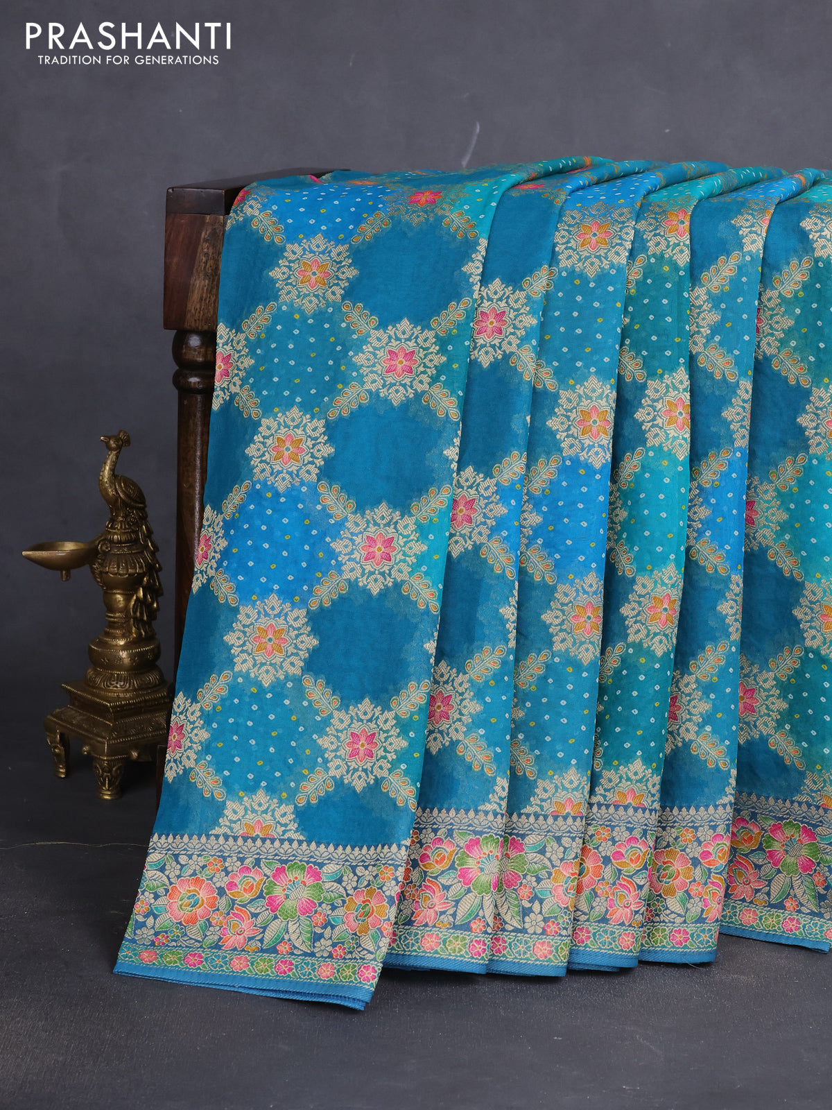 Banarasi georgette saree teal blue with bandhani prints & mina weaves