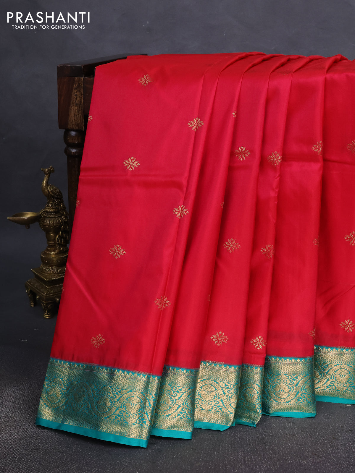 Bangalori silk saree reddish pink and green with zari woven buttas and zari woven border