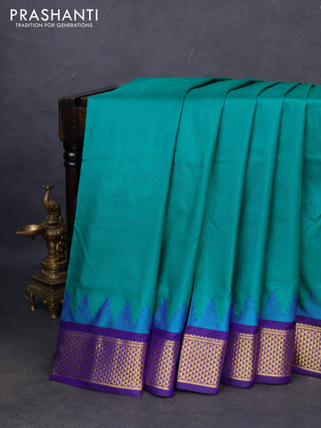 10yards pure silk saree green and blue with plain body and temple design zari woven border